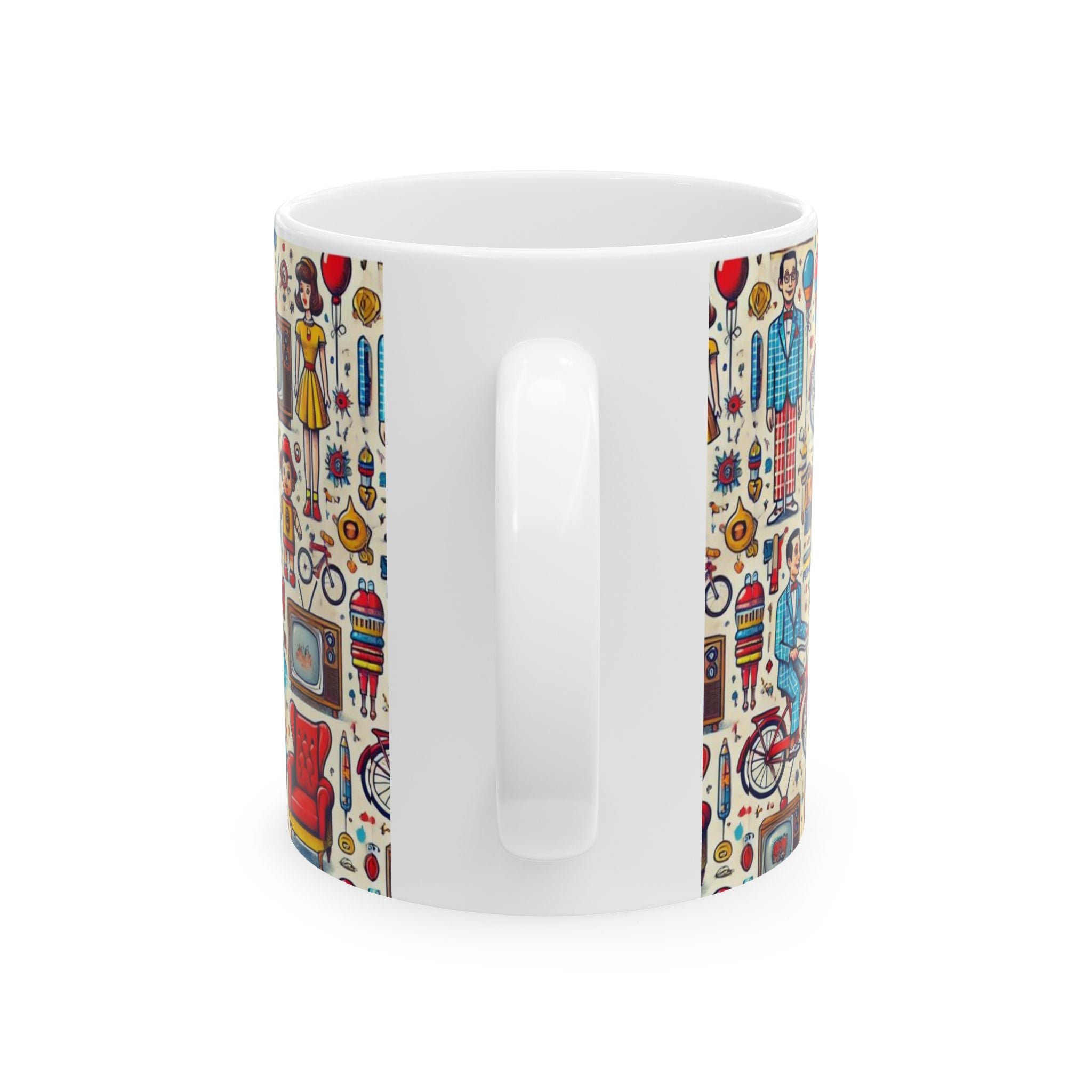 Retro Pattern Ceramic Mug — Pee Wee Herman Vintage TV, Bicycle & 1950s Family Illustration (11oz/15oz) - Creations by Chris and Carlos