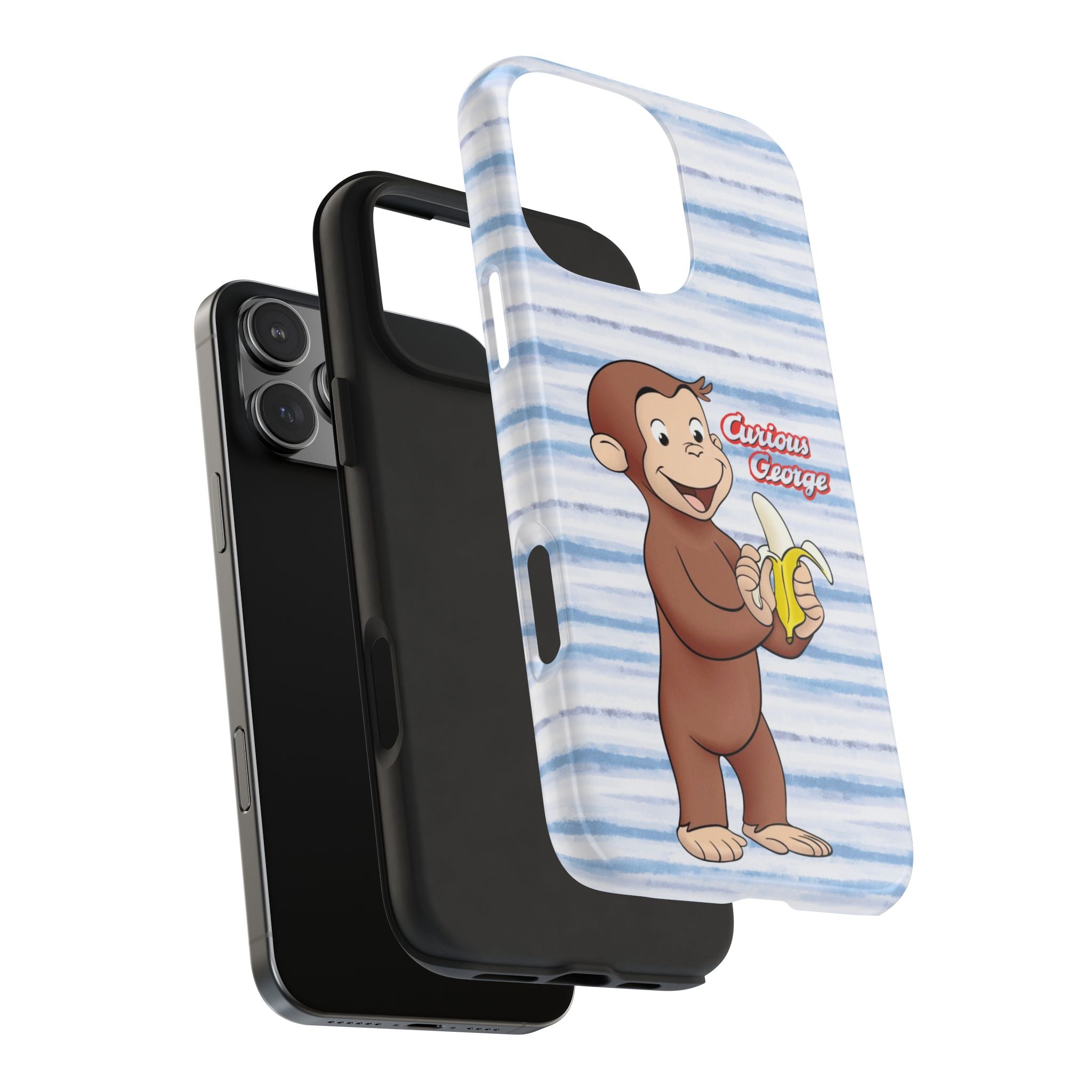 Curious George Banana Tough Phone Case — Cute Kids iPhone Cover, Blue Stripe Protective Case - Creations by Chris and Carlos