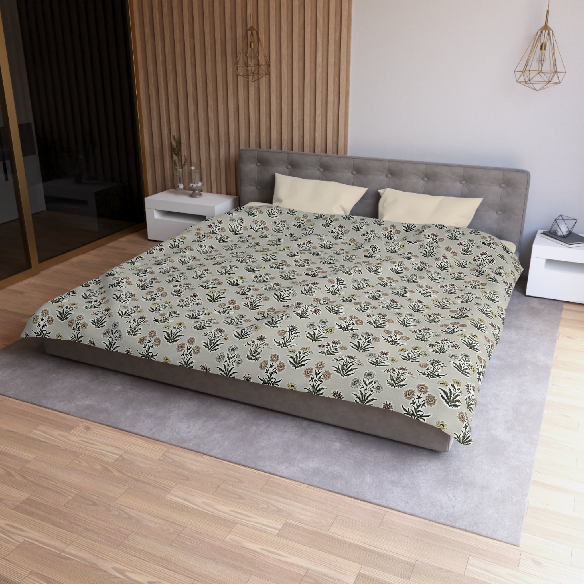 Floral Folk Pattern Duvet Cover — Neutral Microfiber Bedding - Creations by Chris and Carlos