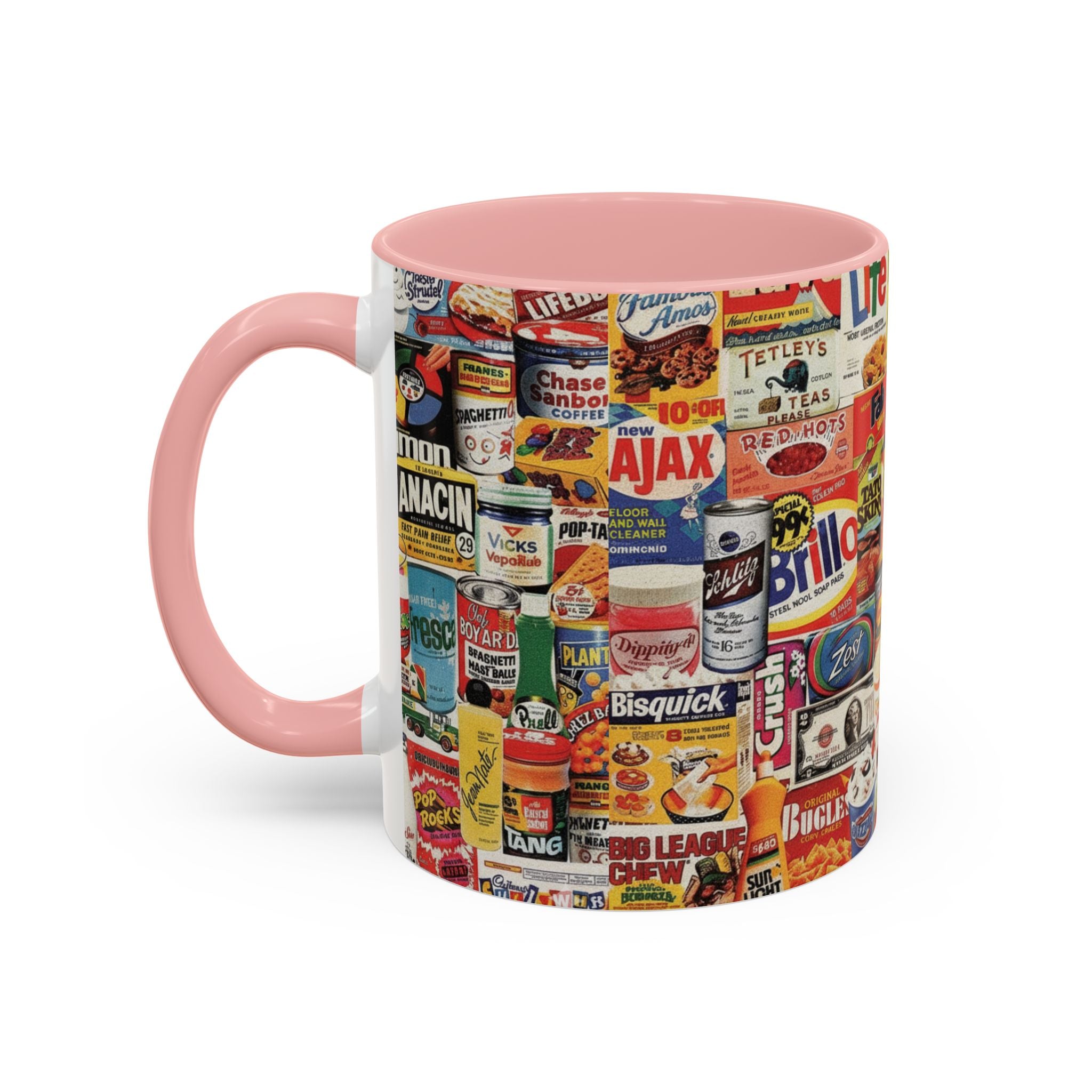Vintage Retro Ads Coffee Mug — Collage of Classic Brand Labels (11/15oz Accent Mug) - Creations by Chris and Carlos