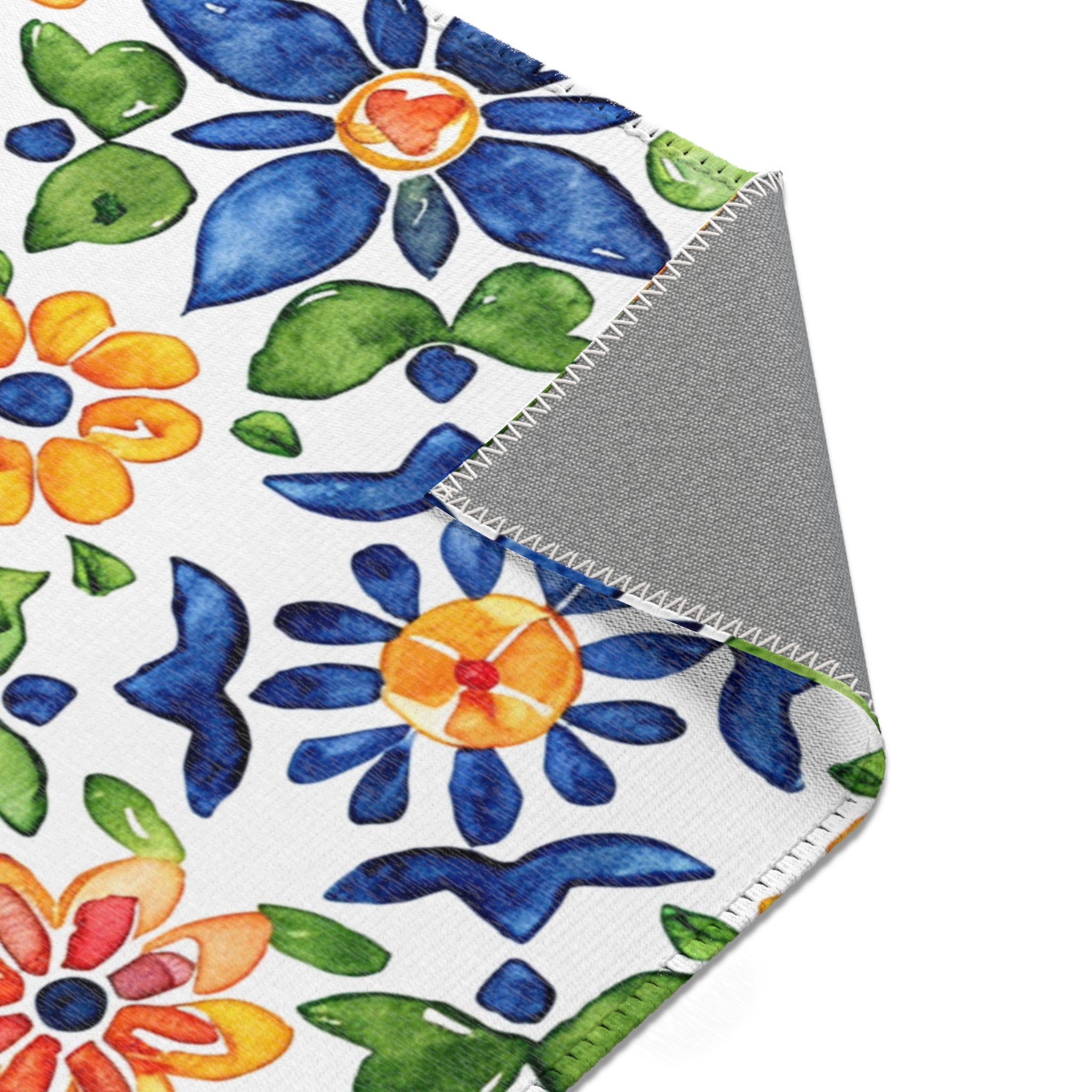 Sol y Alegría (Sun and Joy) Collection- Mediterranean Floral Area Rug — Colorful Blue & Yellow Tile Pattern - Creations by Chris and Carlos