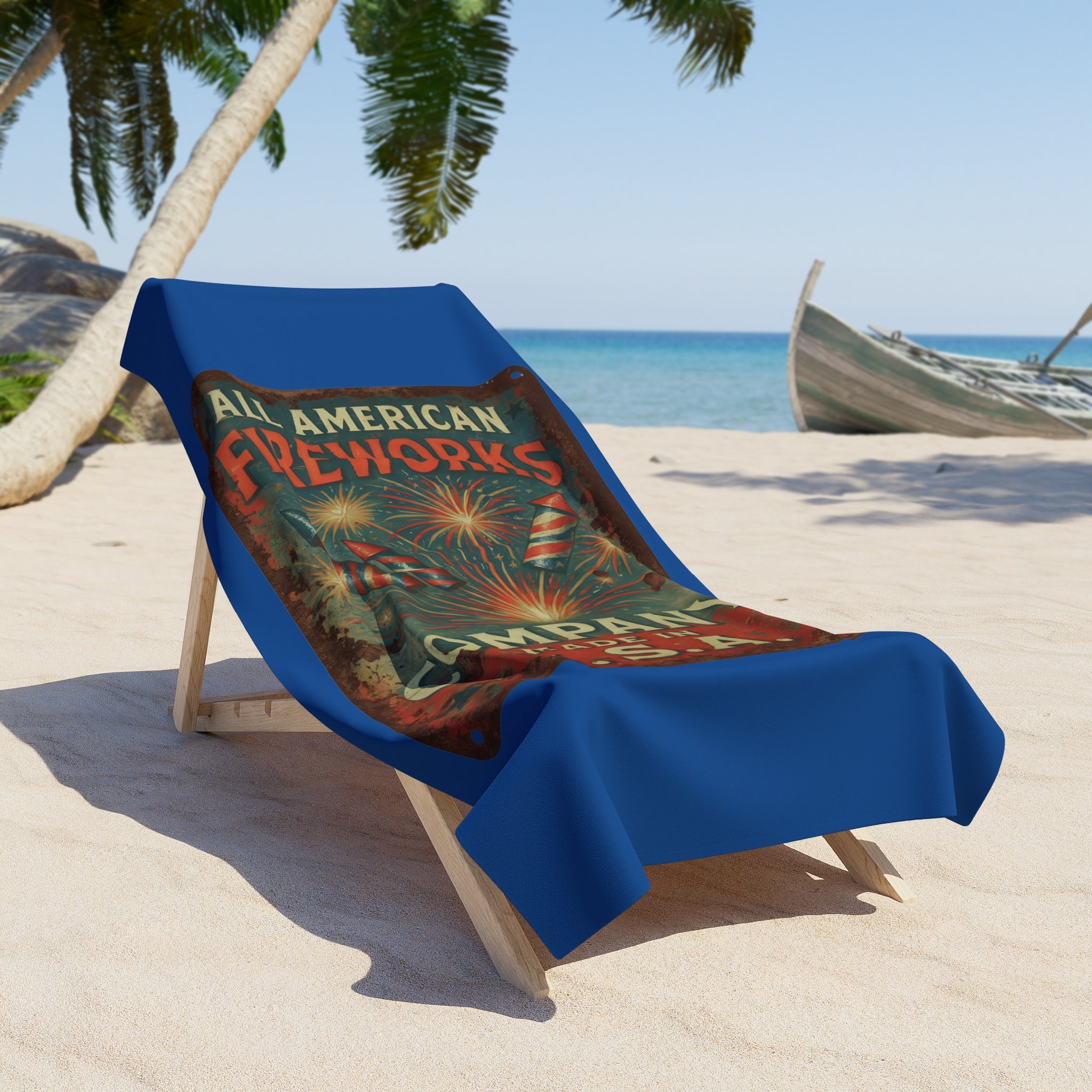 Beach Towel - Vintage "All American Fireworks Company" Patriotic USA Design - Creations by Chris and Carlos