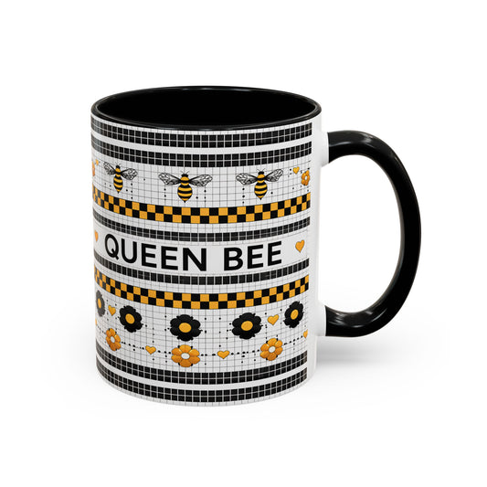 Queen Bee Coffee Mug — Black & Yellow Floral Accent Mug (11/15oz) - Creations by Chris and Carlos
