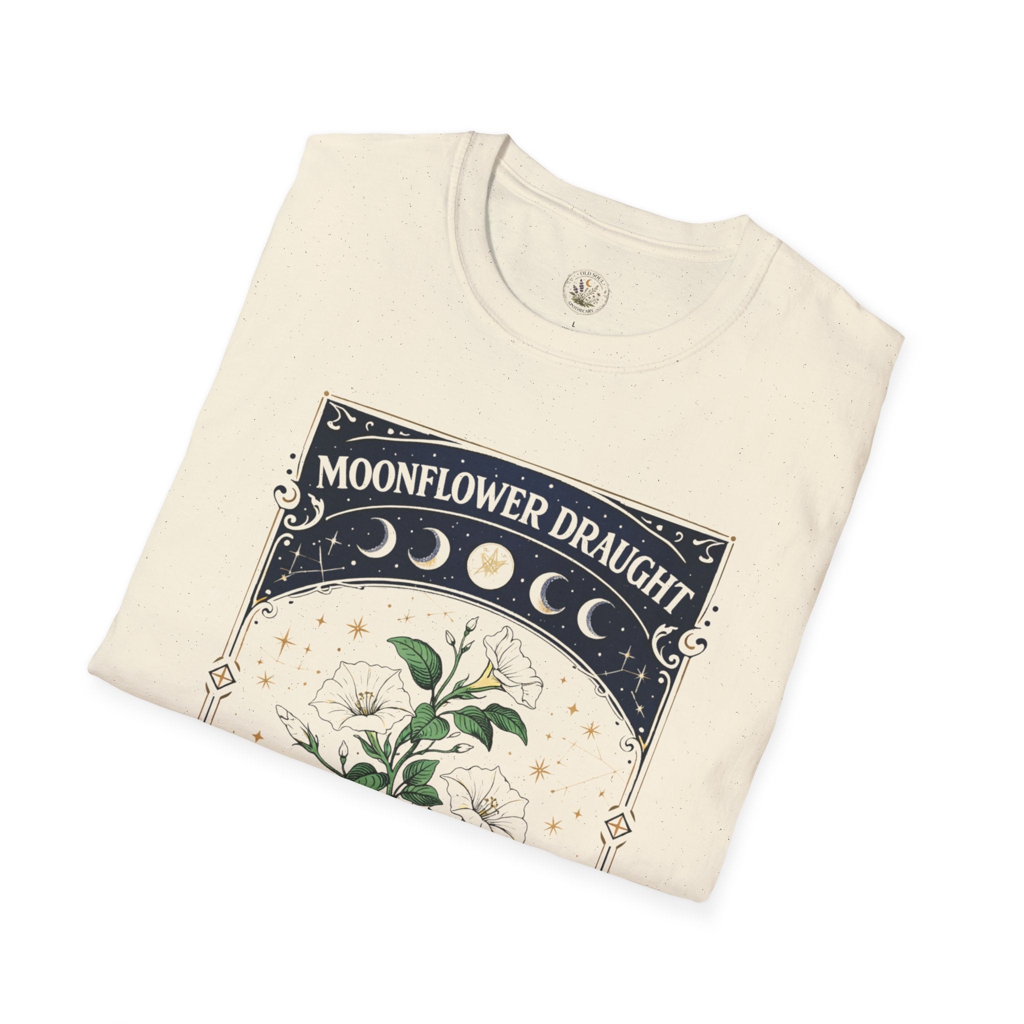 Old Soul Apothecary Moonflower Draught T‑Shirt — Botanical Moon Phase Graphic Tee - Creations by Chris and Carlos