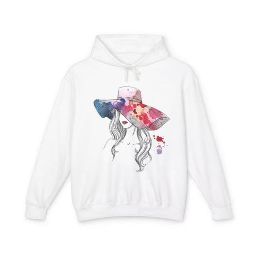 Watercolor Hat Lady Hoodie — Floral Sunhat Portrait Pullover - Creations by Chris and Carlos