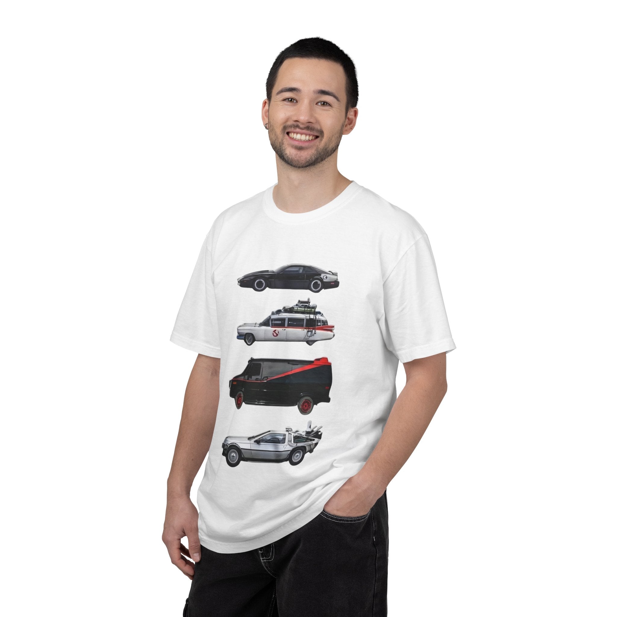 Classic TV Movie Car Stack T-Shirt — KITT, Ghostbusters, A-Team & DeLorean Tribute - Creations by Chris and Carlos