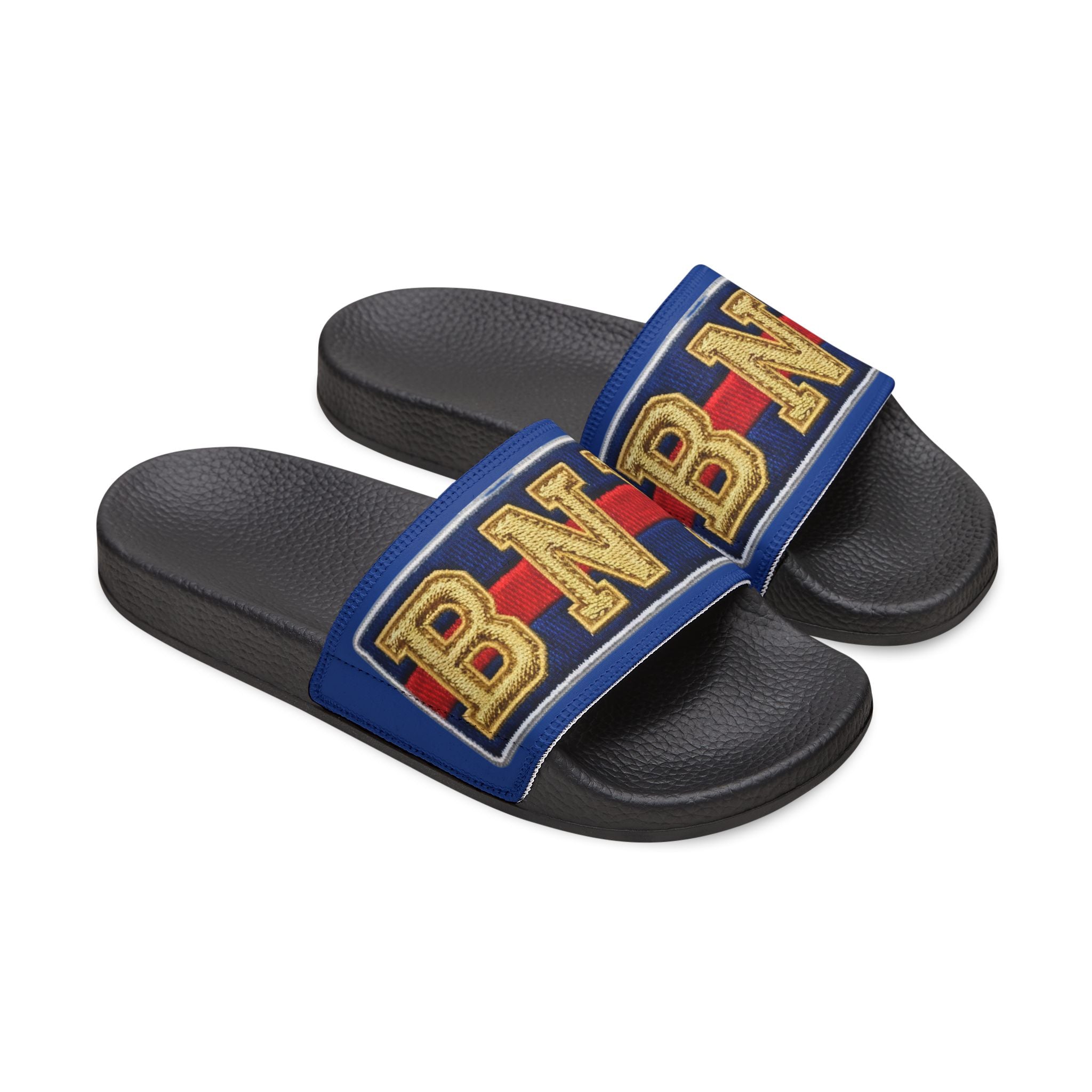 Men's Slide Sandals — BNY Bunny Inspired Retro Lettering Navy & Red Strap - Creations by Chris and Carlos