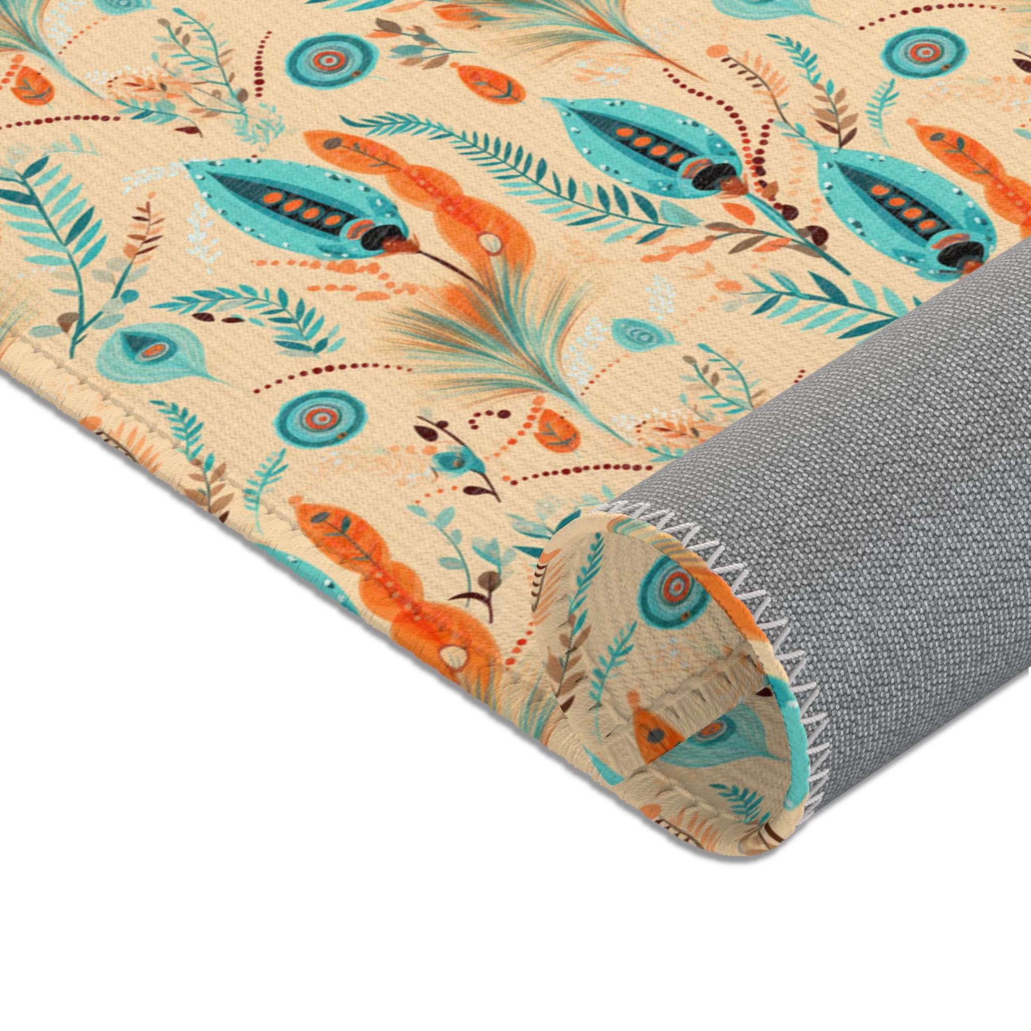 Sol y Alegría (Sun and Joy) Collection- Boho Feather Pattern Area Rug — Turquoise & Coral Accent Rug - Creations by Chris and Carlos