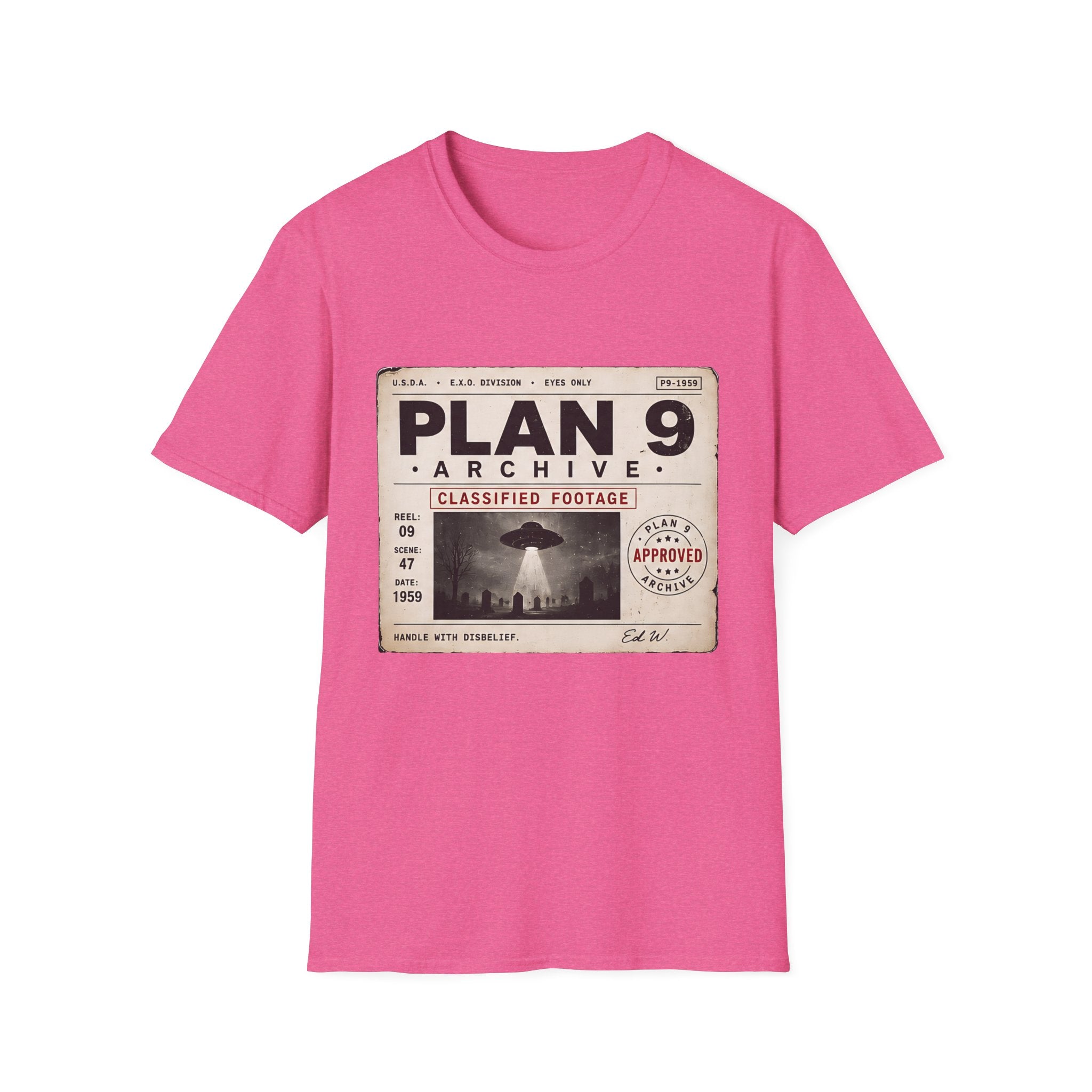 Plan 9 Archive UFO T-Shirt — Retro 'Classified Footage' Alien Badge Tee - Creations by Chris and Carlos
