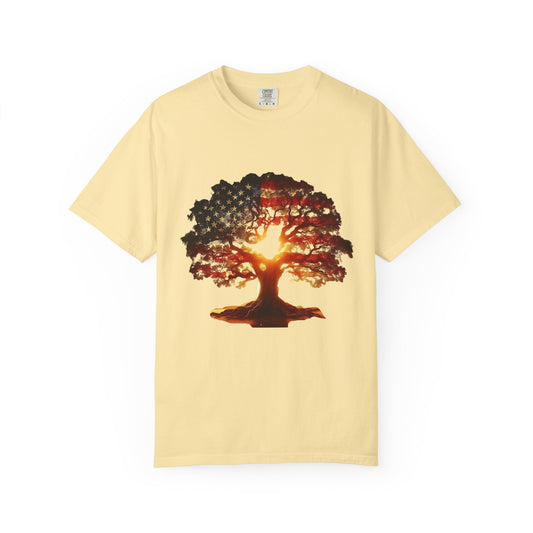 Patriotic Tree of Life T-Shirt — American Flag Sunset Graphic - Creations by Chris and Carlos