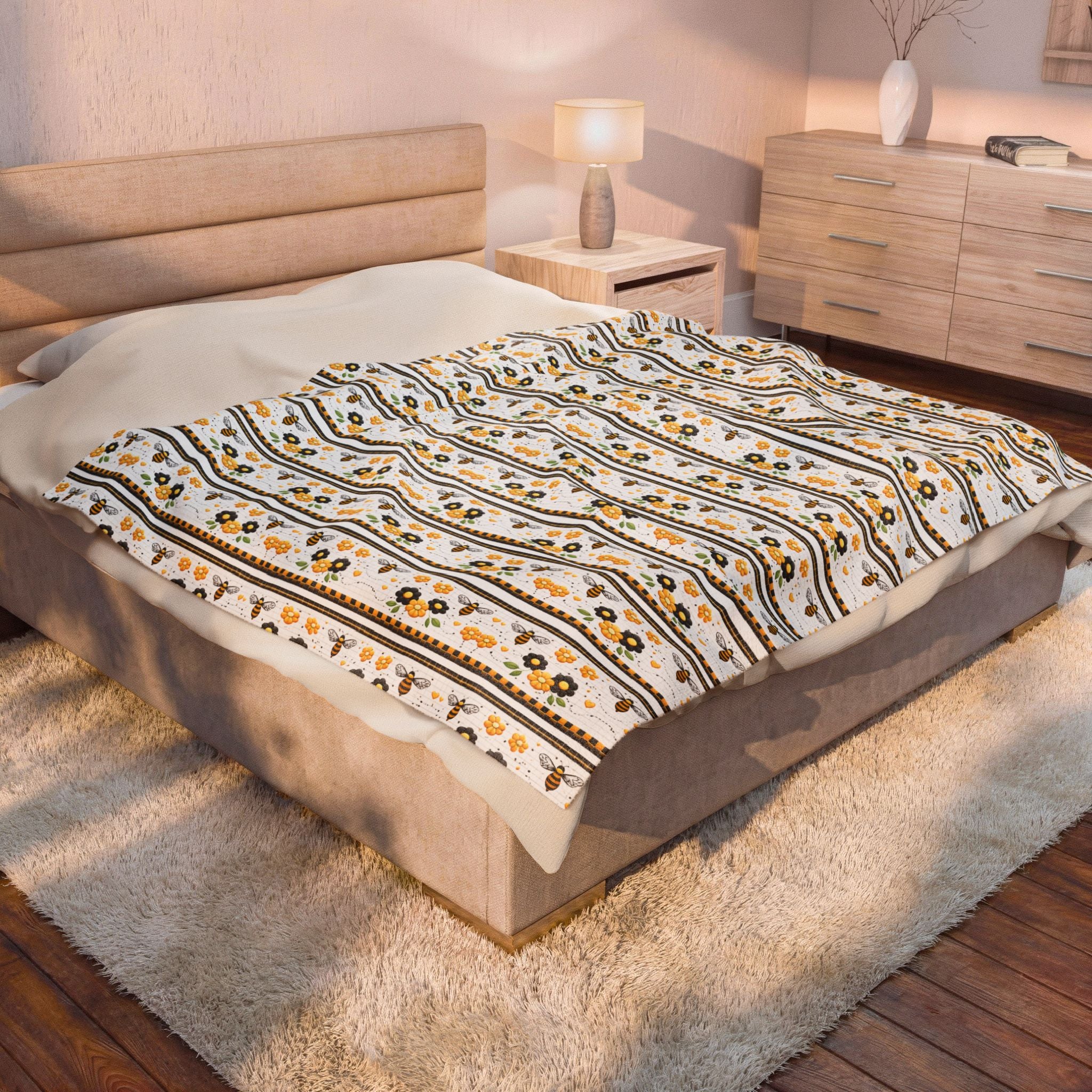 Bee & Sunflower Velveteen Plush Blanket — Cozy Floral Throw for Spring, Garden Lovers & Gift Giving - Creations by Chris and Carlos