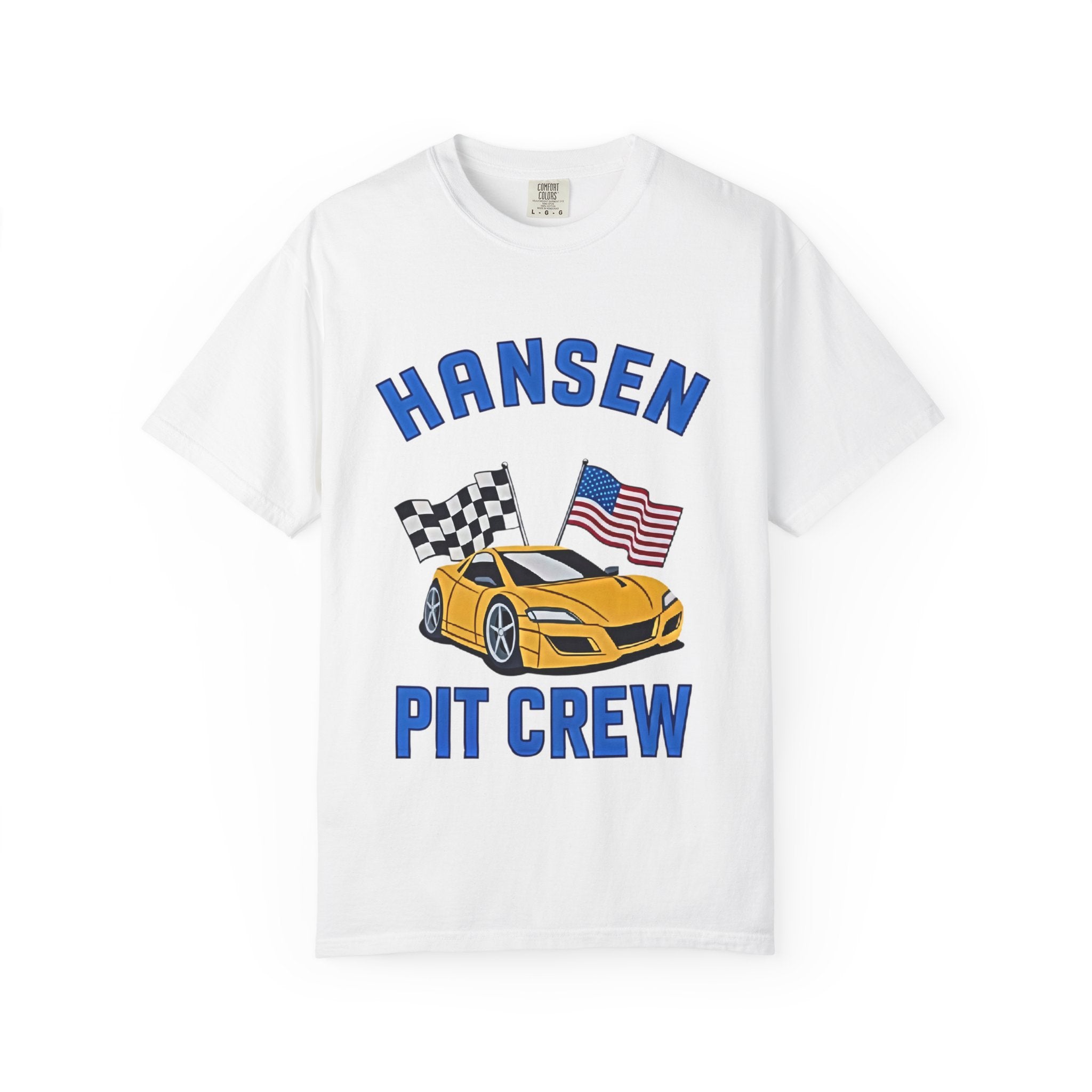 The Pitt TV Show Pit Crew Racing T‑Shirt — 'Hansen' Sports Car with Checkered Flag & American Flag - Creations by Chris and Carlos