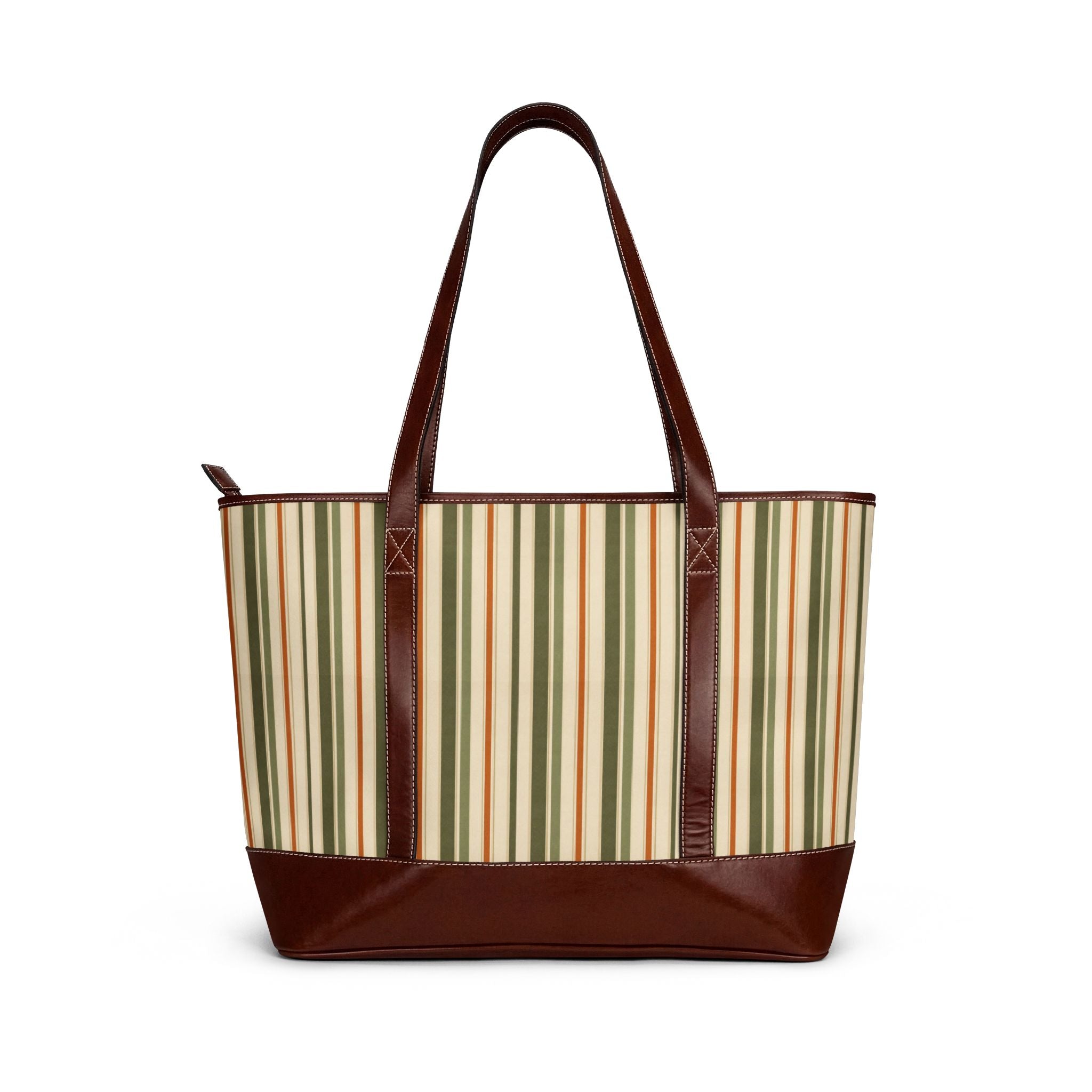 Striped Canvas Tote Bag — Vintage Green & Brown Summer Handbag - Creations by Chris and Carlos