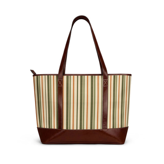 Striped Canvas Tote Bag — Vintage Green & Brown Summer Handbag - Creations by Chris and Carlos