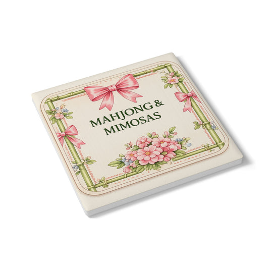 Mahjong & Mimosas Ceramic Coaster — Floral Vintage Game Night Drink Coaster - Creations by Chris and Carlos