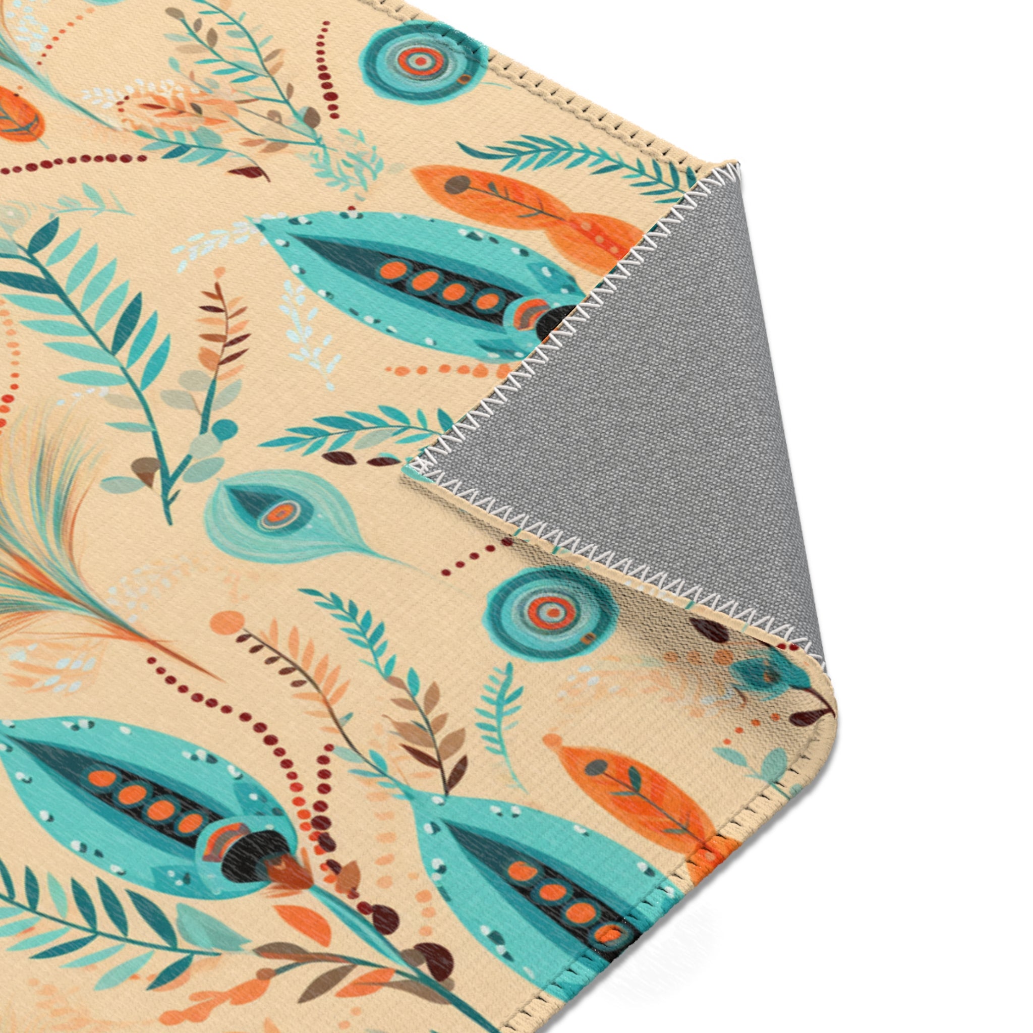 Sol y Alegría (Sun and Joy) Collection- Boho Feather Pattern Area Rug — Turquoise & Coral Accent Rug - Creations by Chris and Carlos