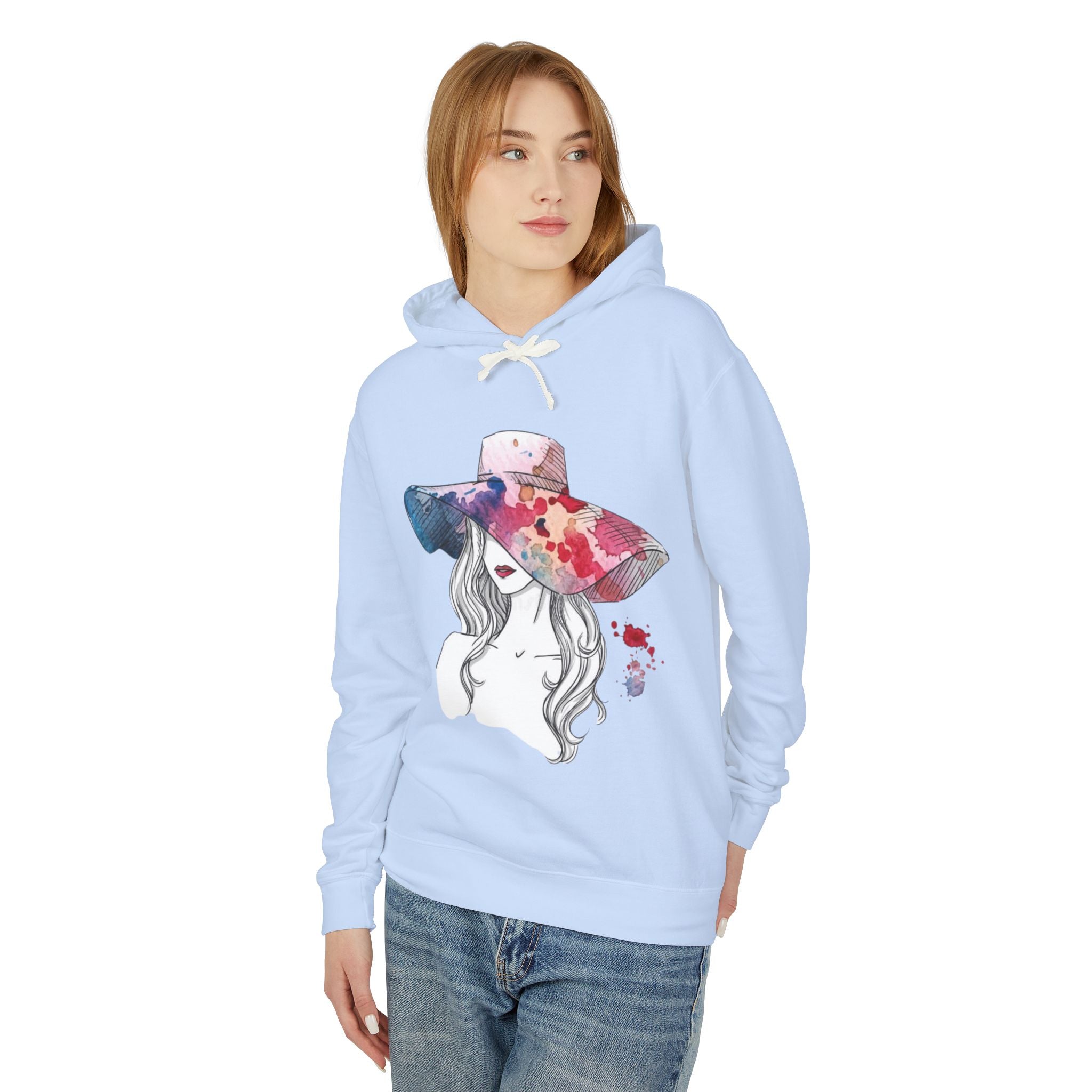 Watercolor Hat Lady Hoodie — Floral Sunhat Portrait Pullover - Creations by Chris and Carlos