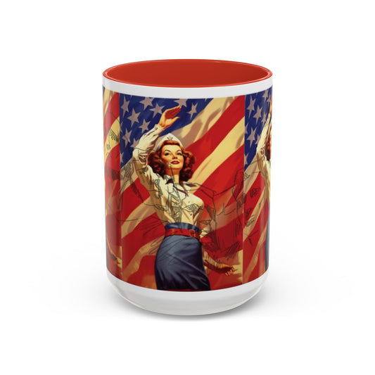 Patriotic Pin-Up Coffee Mug — Vintage American Flag Accent (11/15 oz) - Creations by Chris and Carlos