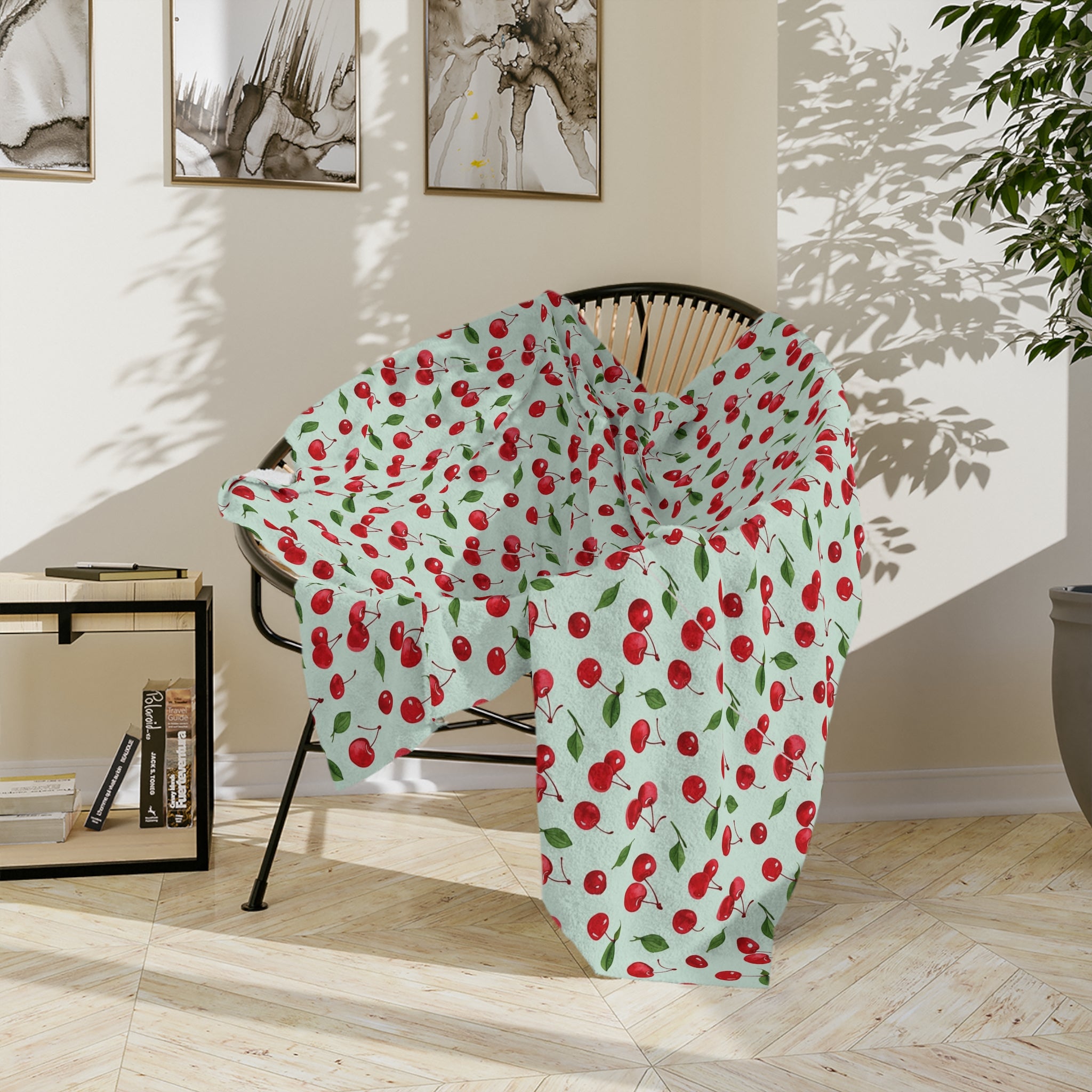 The Sugar Shack Diner Cherry Pattern Velveteen Microfiber Blanket — Cute Retro Fruit Throw - Creations by Chris and Carlos