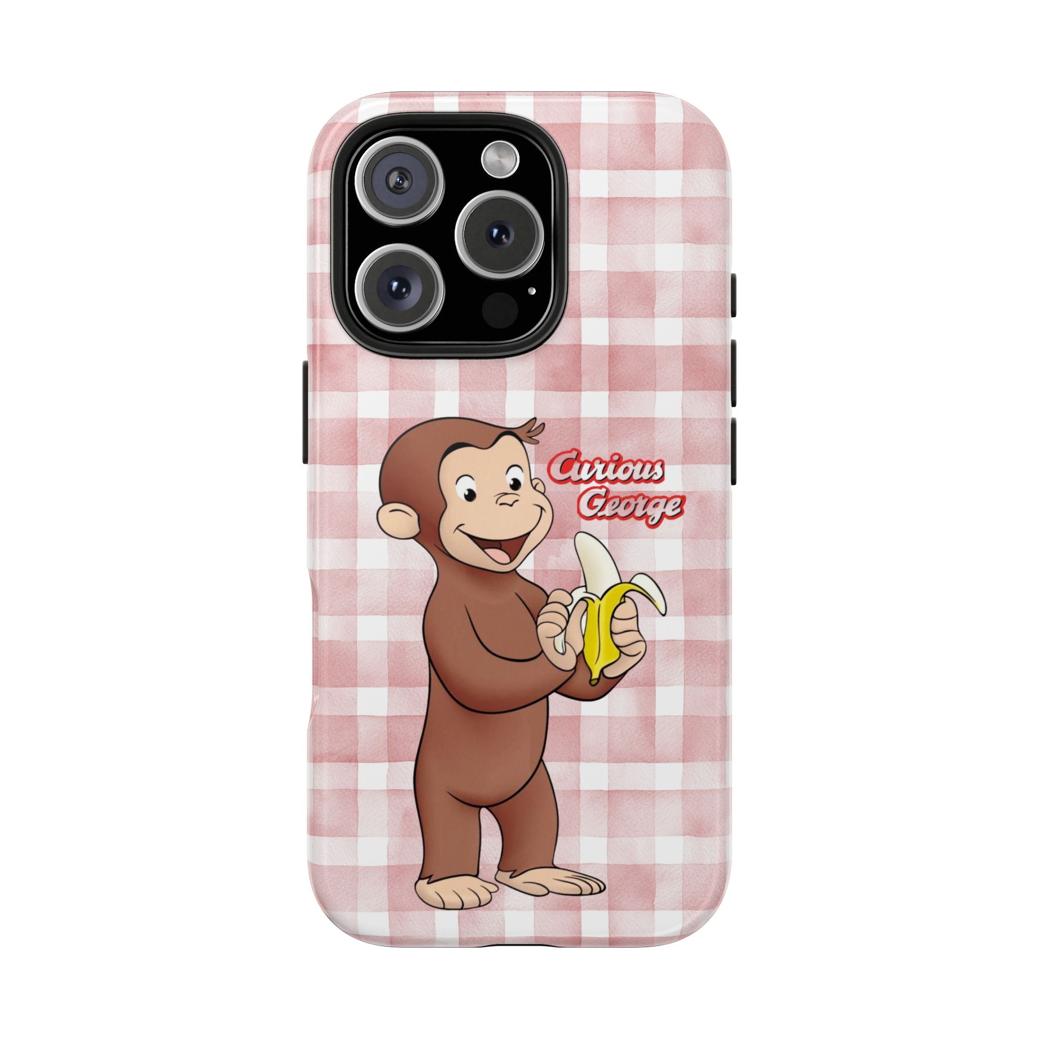 Curious George Banana Tough Phone Case — Cute Kids iPhone Cover, Pink Gingham Protective Case - Creations by Chris and Carlos