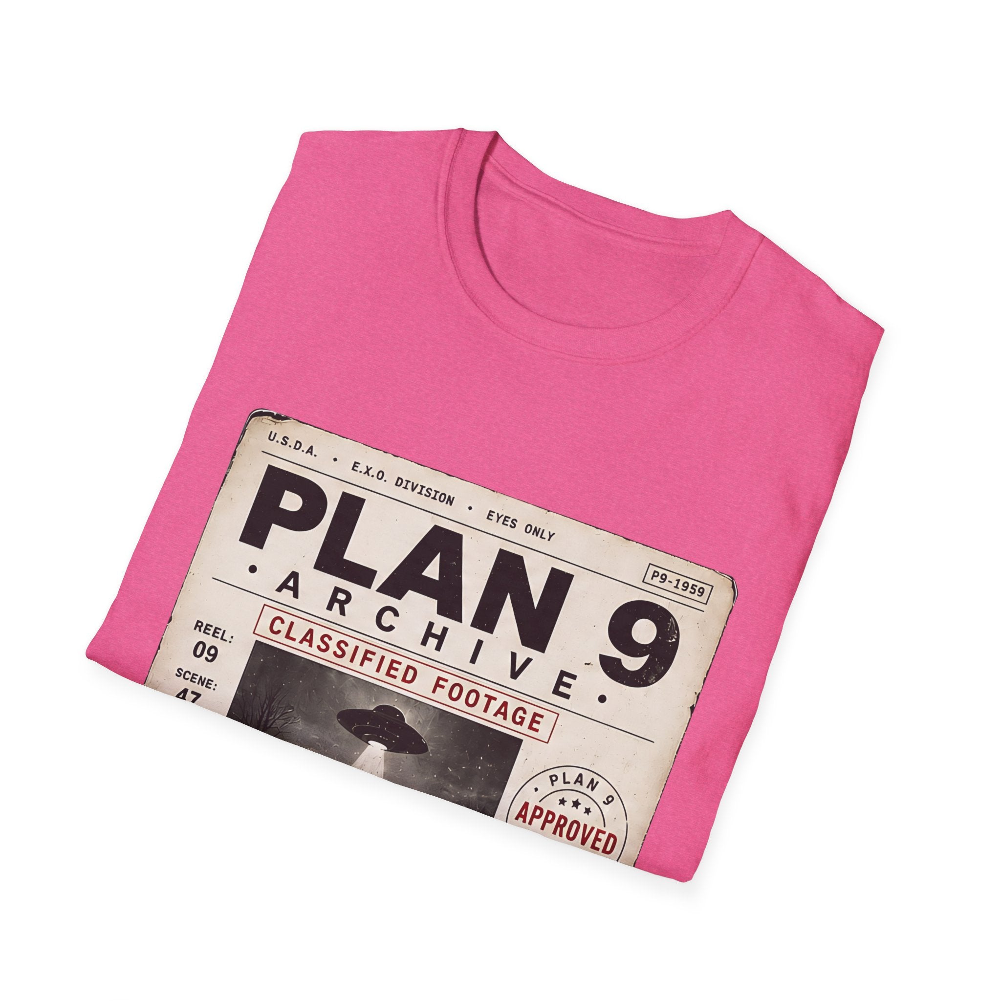 Plan 9 Archive UFO T-Shirt — Retro 'Classified Footage' Alien Badge Tee - Creations by Chris and Carlos