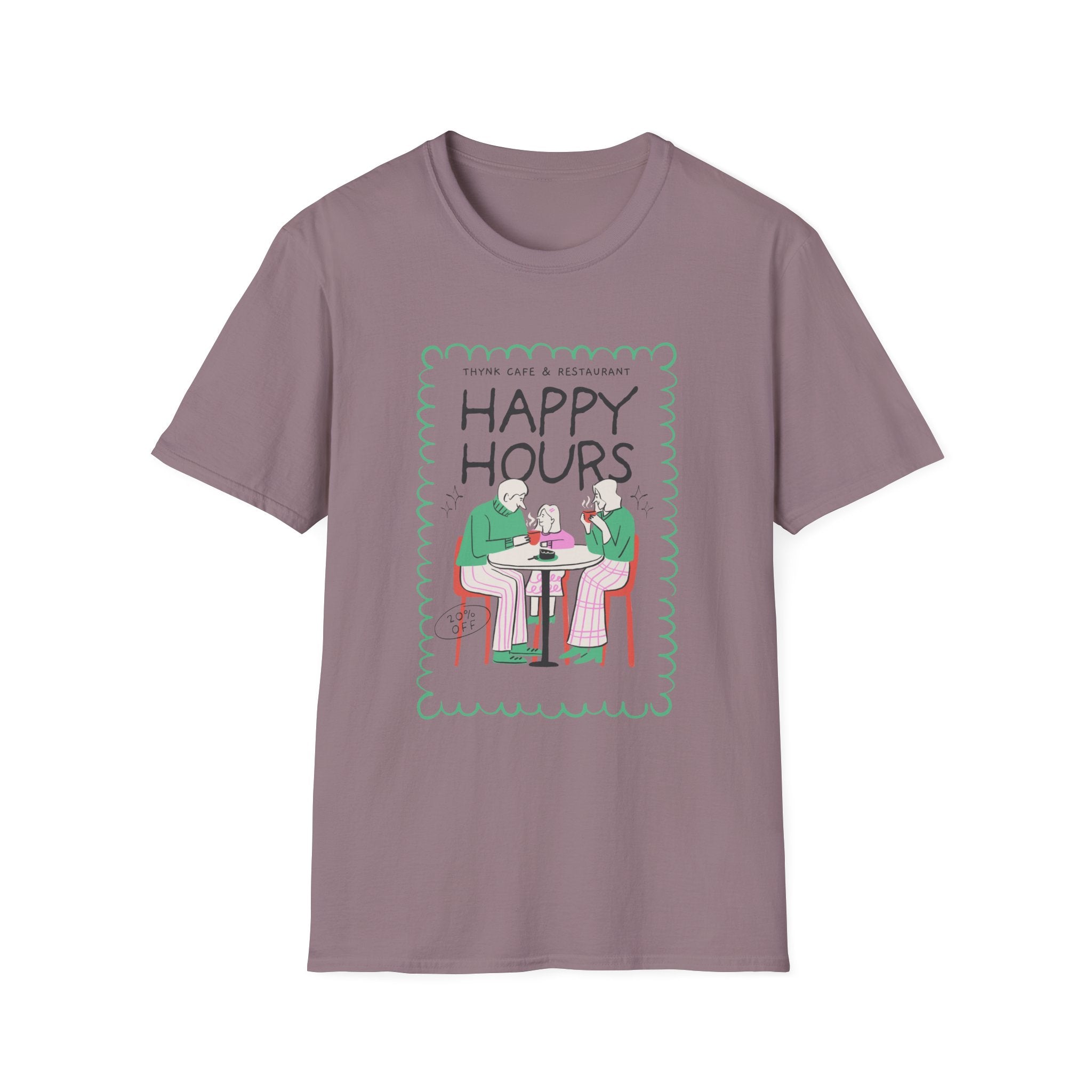 Happy Hours T-Shirt — Illustration of Friends Drinking at Cafe - Creations by Chris and Carlos