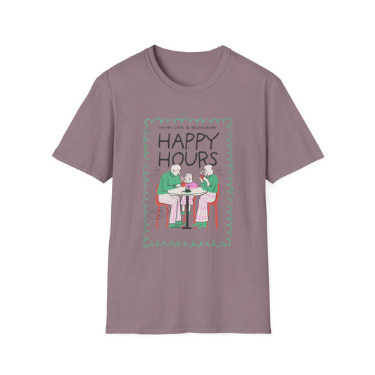 Happy Hours T-Shirt — Illustration of Friends Drinking at Cafe - Creations by Chris and Carlos