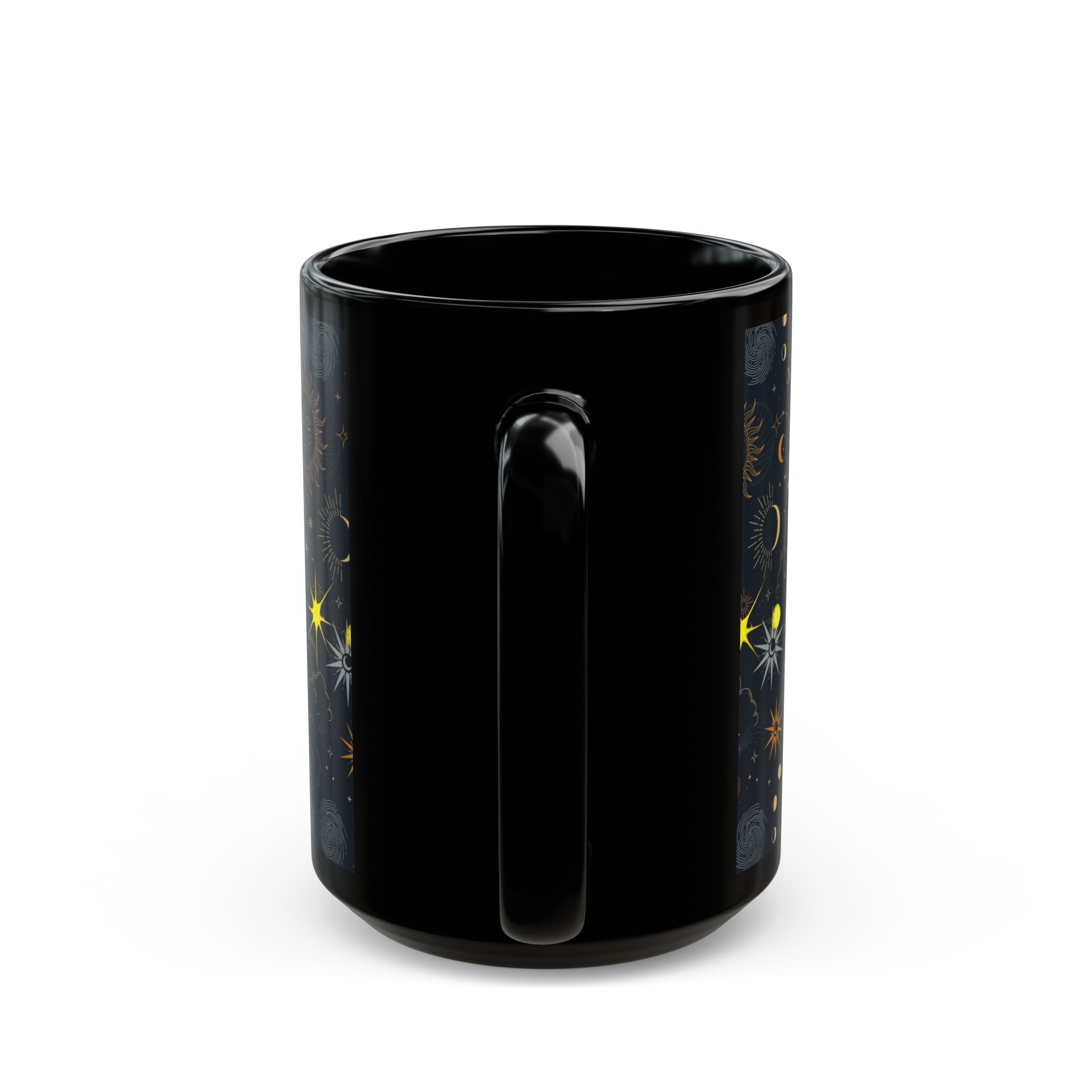 Celestial Phases Black Mug — Gold Moon & Star Astrology Design (11oz/15oz) - Creations by Chris and Carlos
