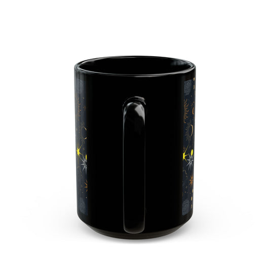 Celestial Phases Black Mug — Gold Moon & Star Astrology Design (11oz/15oz) - Creations by Chris and Carlos