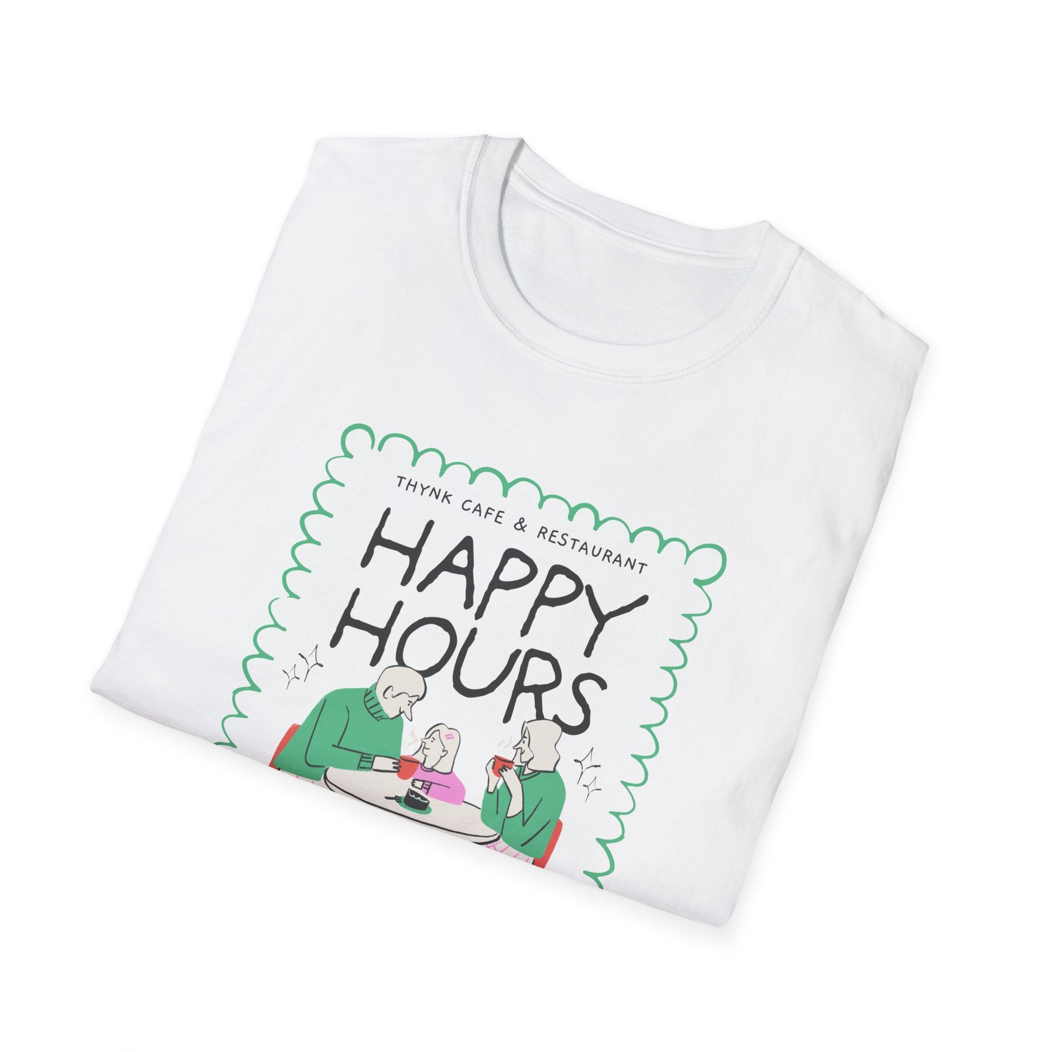 Happy Hours T-Shirt — Illustration of Friends Drinking at Cafe - Creations by Chris and Carlos