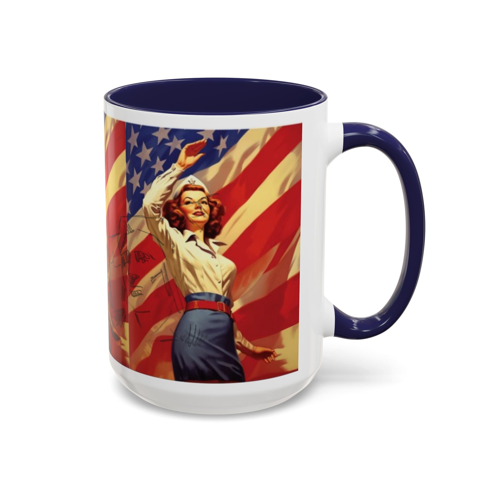 Patriotic Pin-Up Coffee Mug — Vintage American Flag Accent (11/15 oz) - Creations by Chris and Carlos