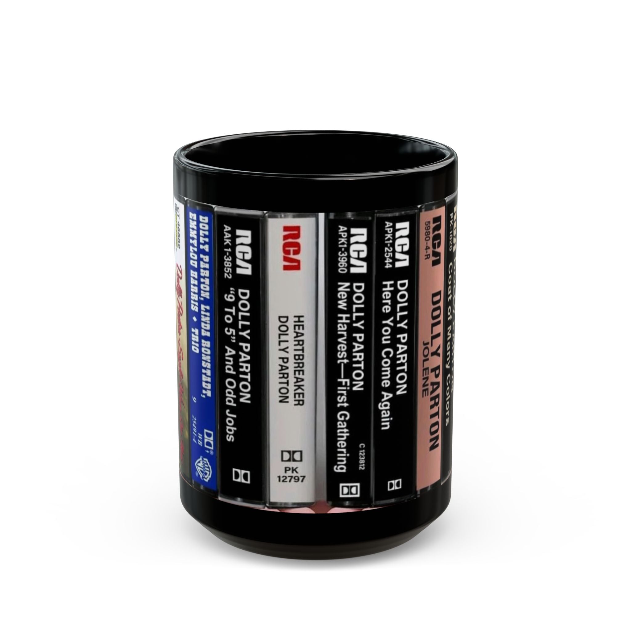 Dolly Parton Cassette Tape Spine Black Mug — Retro Music Coffee Cup (11oz/15oz) - Creations by Chris and Carlos