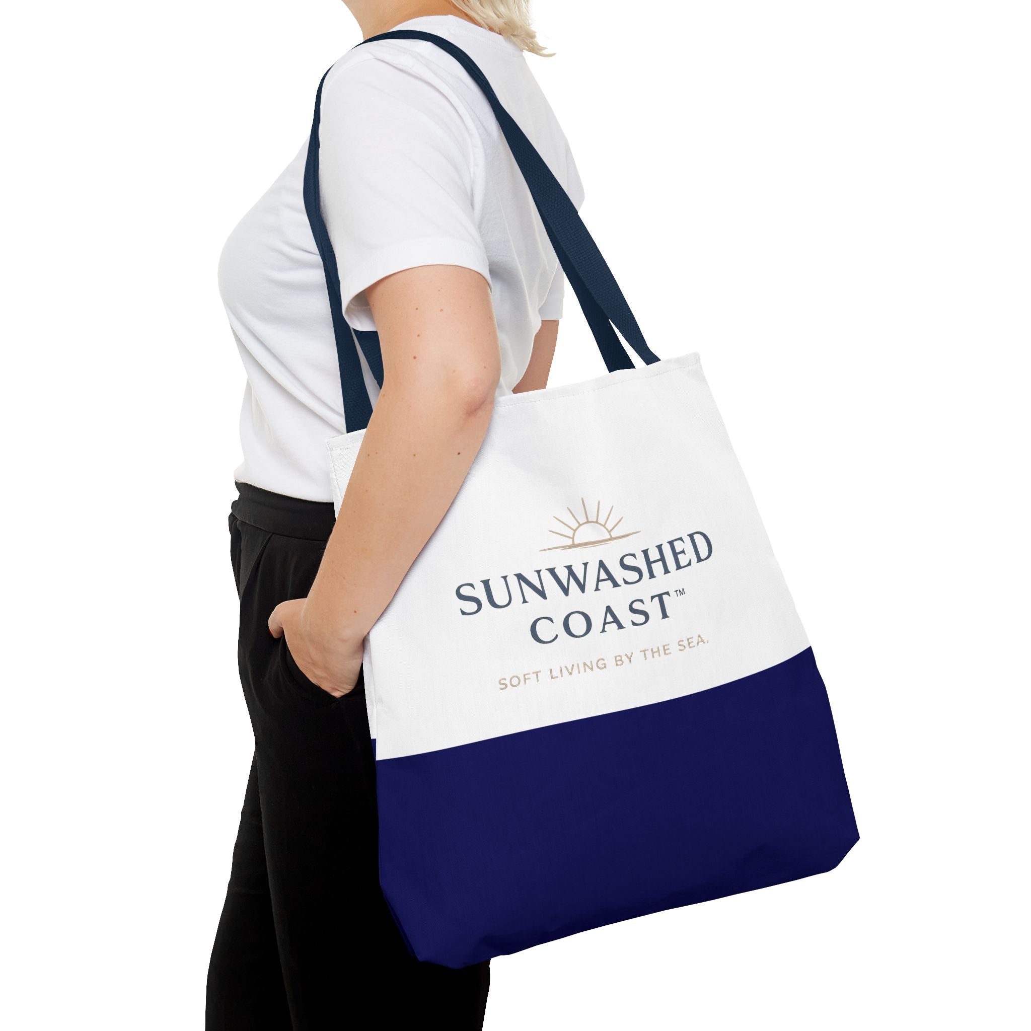 Sunwashed Coast Tote Bag — Coastal Canvas Beach Tote with 'Soft Living by the Sea' Logo - Creations by Chris and Carlos