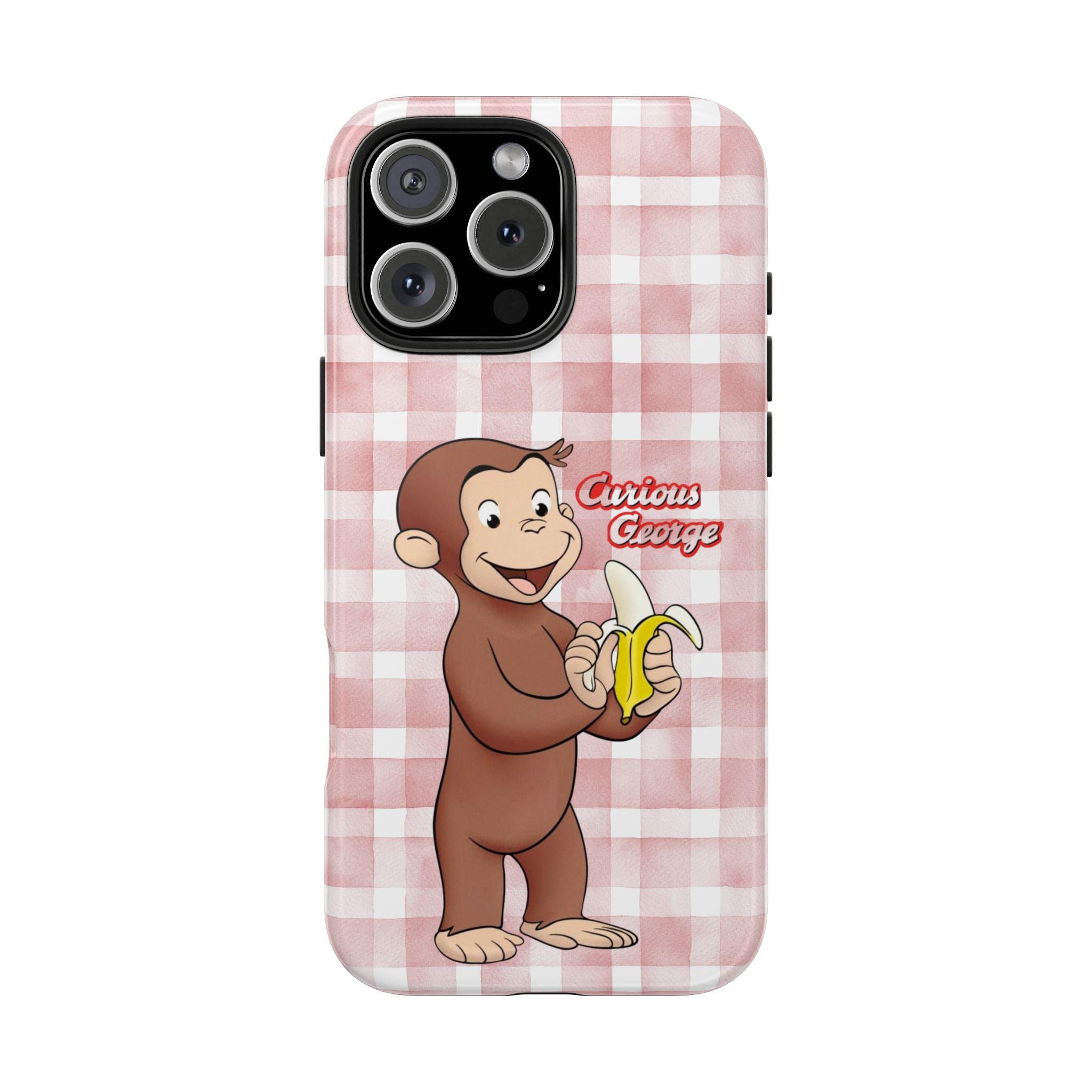 Curious George Banana Tough Phone Case — Cute Kids iPhone Cover, Pink Gingham Protective Case - Creations by Chris and Carlos