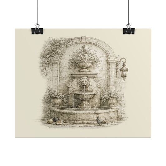Antique Garden Fountain Poster — Vintage Hand-Drawn Rolled Wall Art - Creations by Chris and Carlos