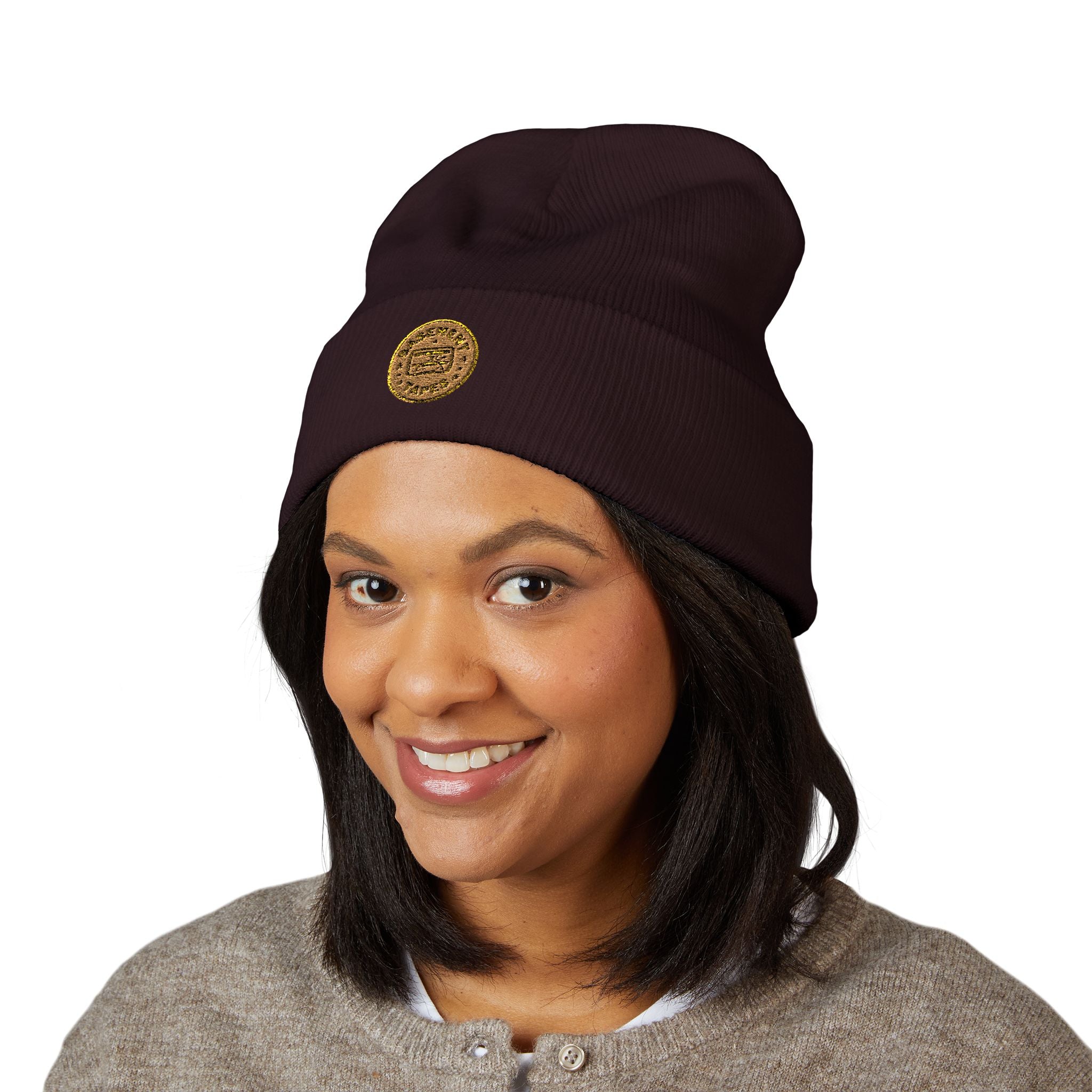 Embroidered Gold Coin Cuffed Beanie — Classic Knit Winter Hat - Creations by Chris and Carlos