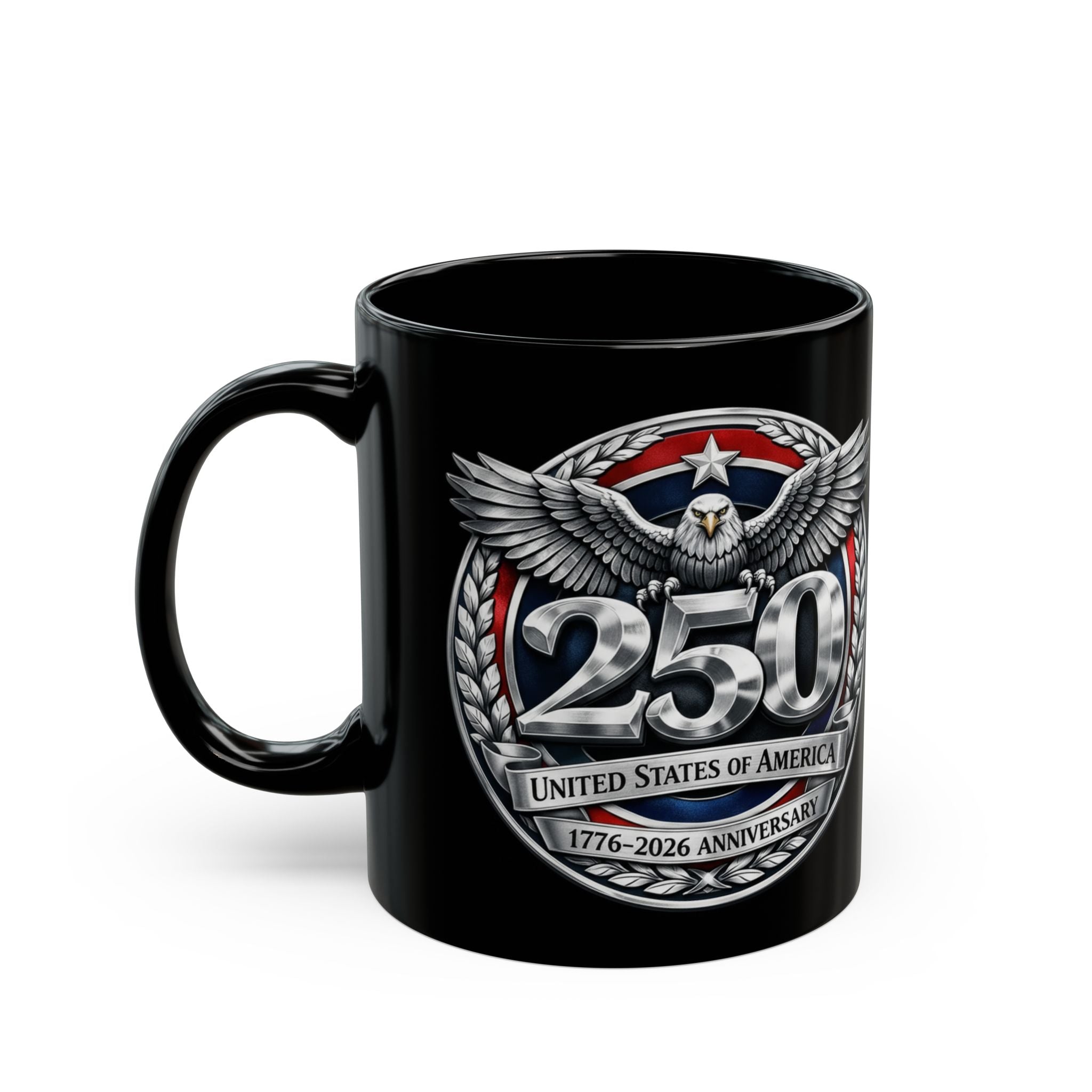 250th Anniversary Eagle Coffee Mug — United States Bicentennial Commemorative Black Mug (11oz, 15oz) - Creations by Chris and Carlos