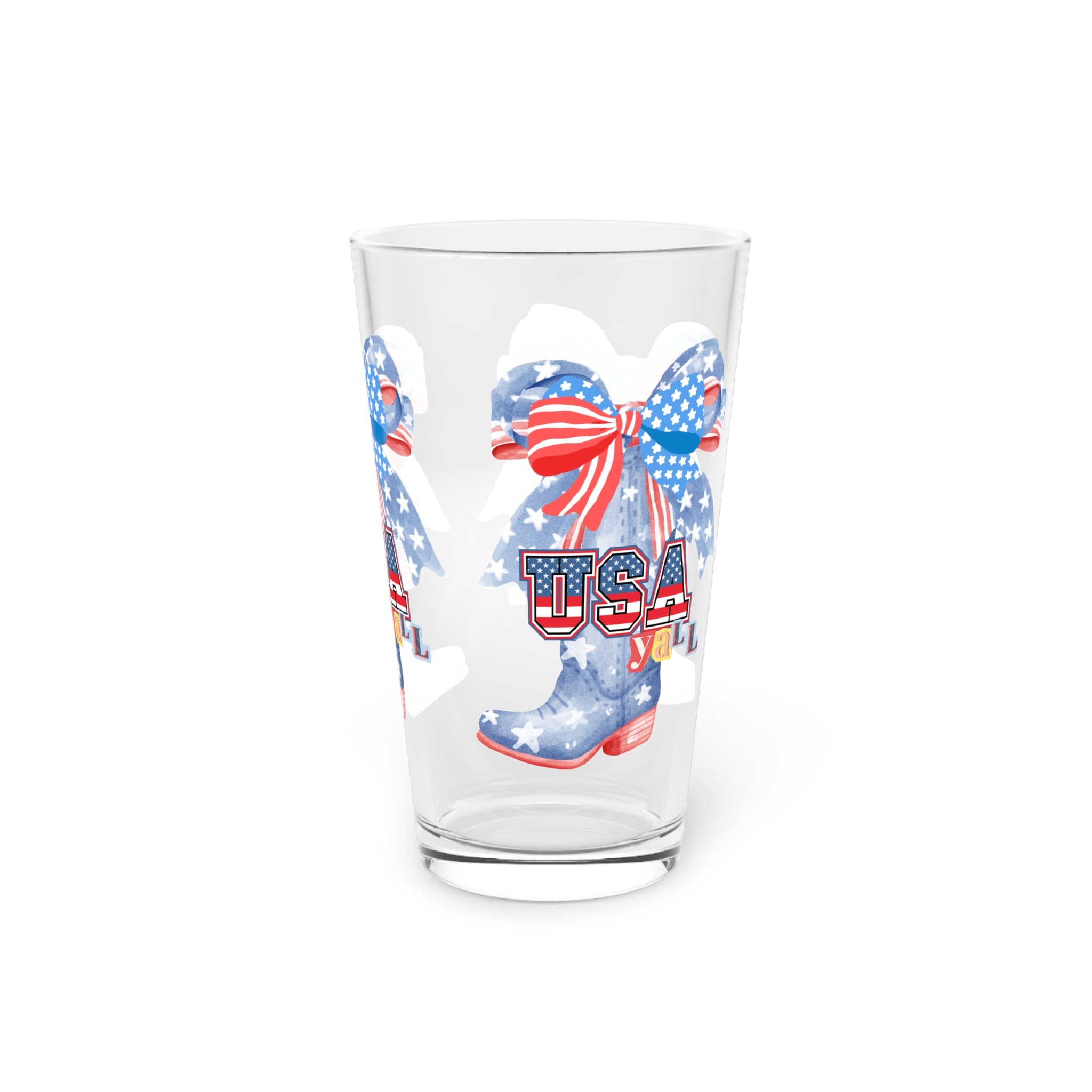 Patriotic 'USA Y'all' 16oz Pint Glass — American Flag Cowgirl Boots Design - Creations by Chris and Carlos