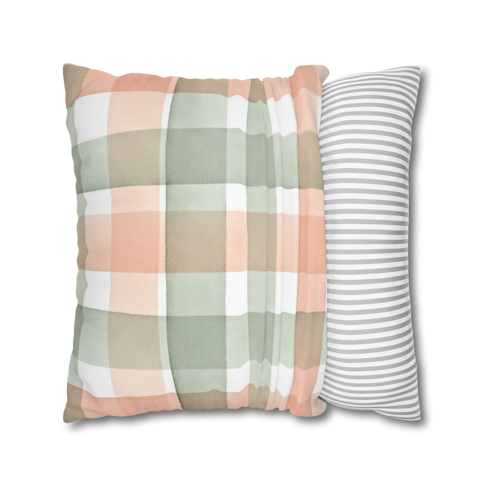 The Artisanal Flora Gallery Pastel Buffalo Check Pillowcase — Peach & Sage Plaid Square Pillow Cover - Creations by Chris and Carlos