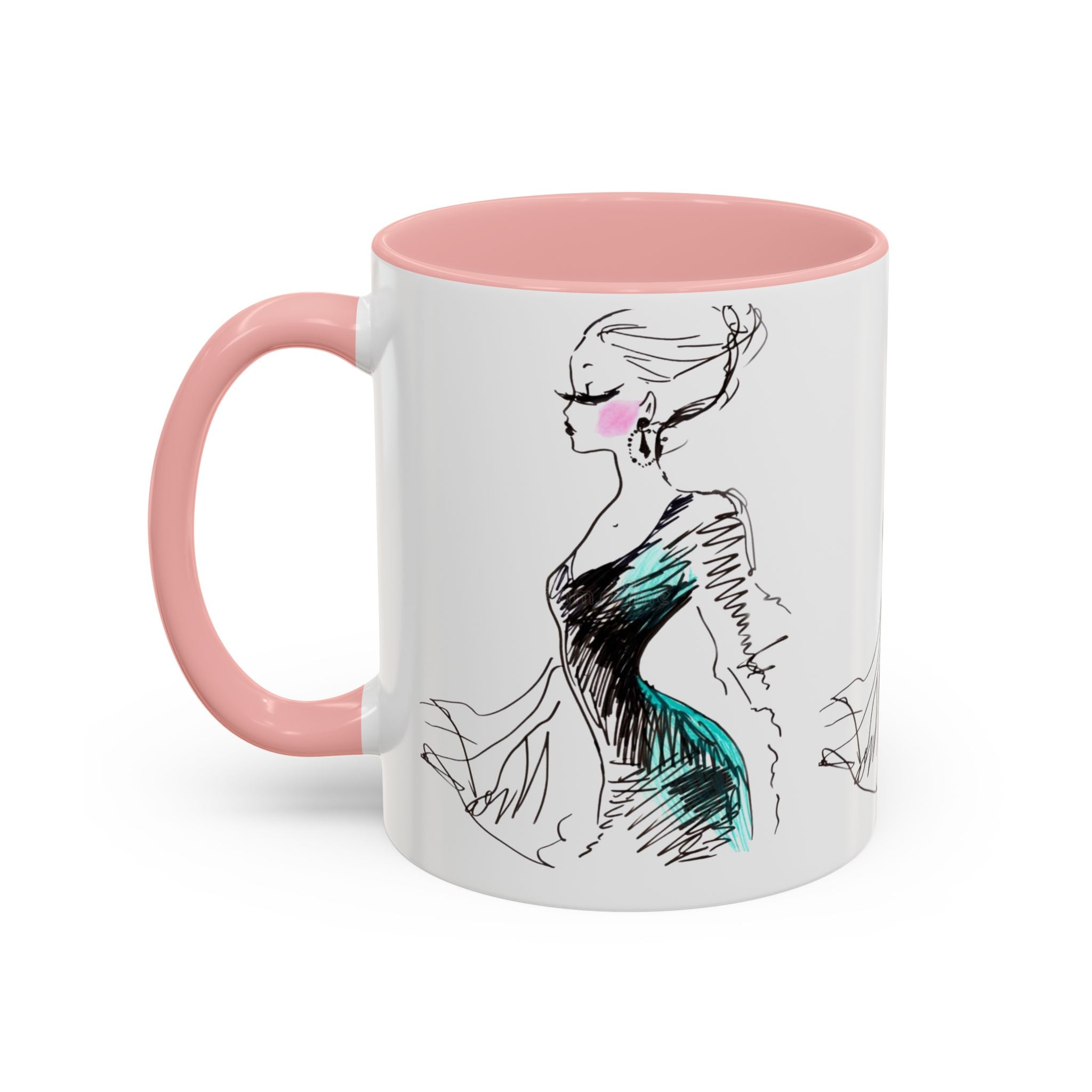 Fashion Sketch Accent Coffee Mug — Chic Hand-Drawn Dress Illustration (11/15 oz) - Creations by Chris and Carlos