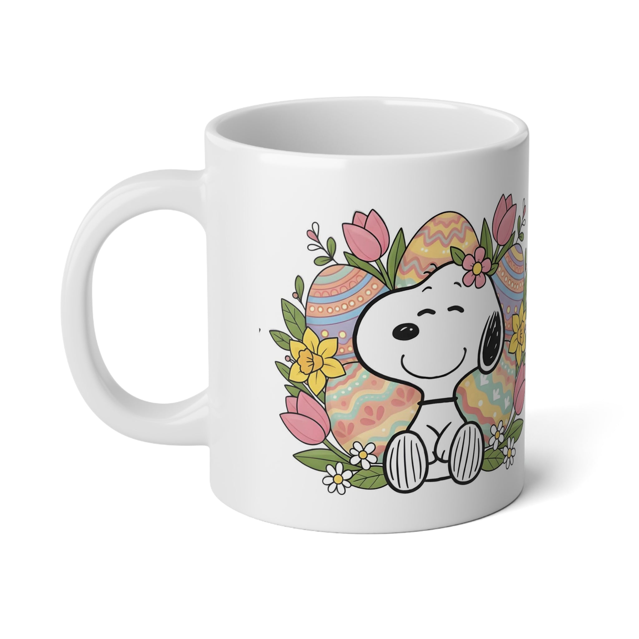20oz Easter Jumbo Mug — Cute Snoopy-Style Dog with Floral & Painted Egg Design - Creations by Chris and Carlos