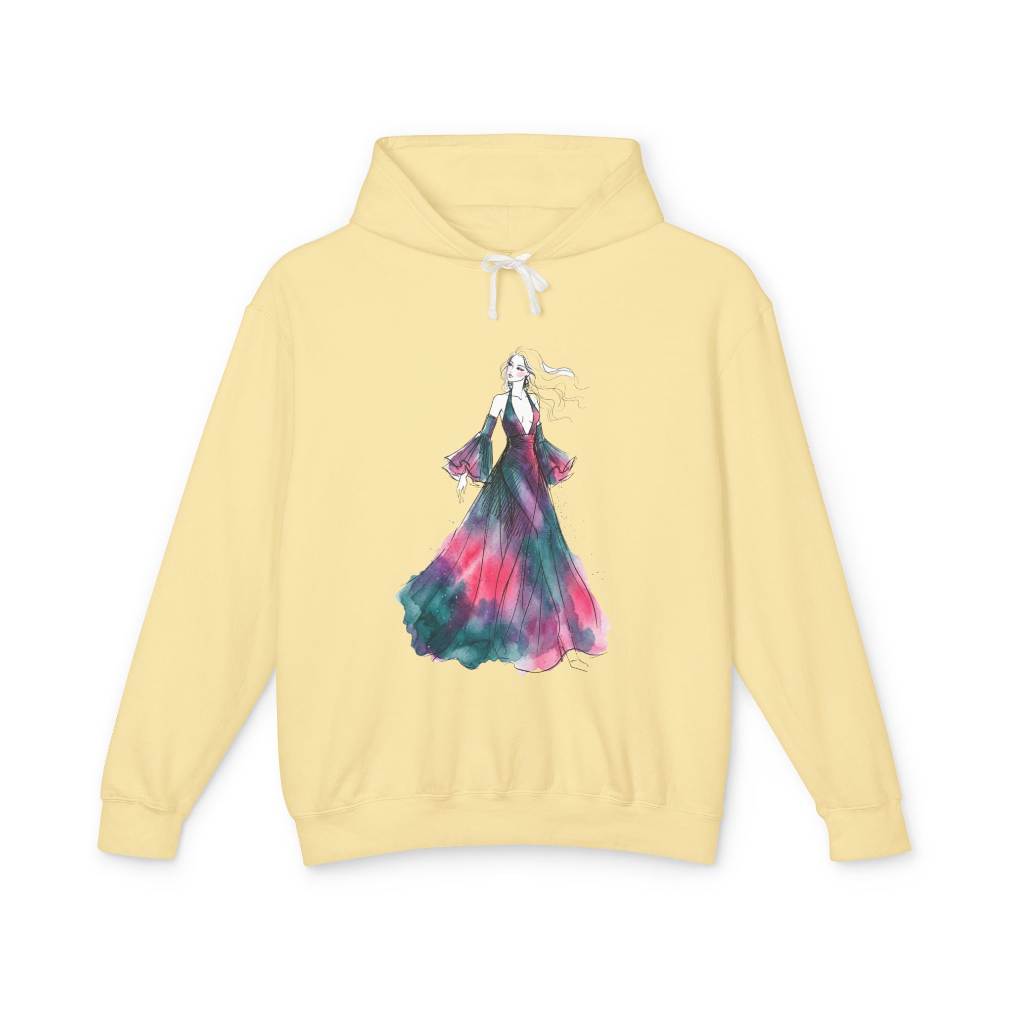 Watercolor Evening Gown Hoodie — Elegant Fashion Illustration Sweatshirt - Creations by Chris and Carlos