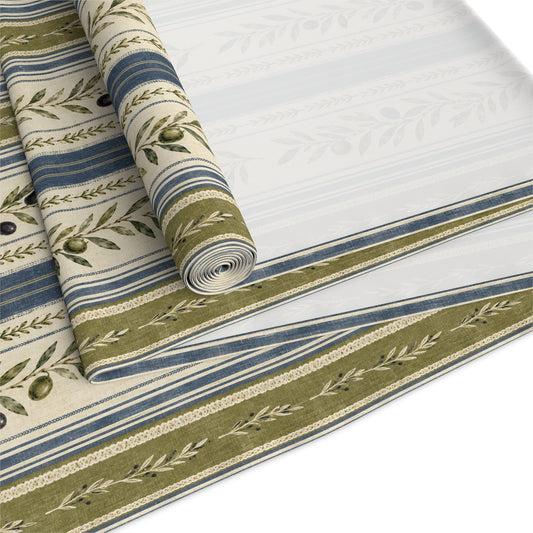 Country Stripe Table Runner — Olive & Blue Floral Border - Creations by Chris and Carlos