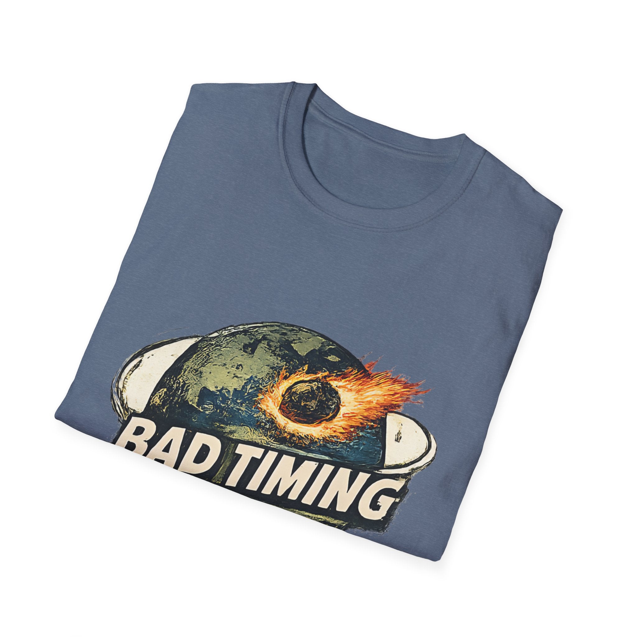 Bad Timing Graphic T-Shirt — Retro Meteor Earth Design - Creations by Chris and Carlos