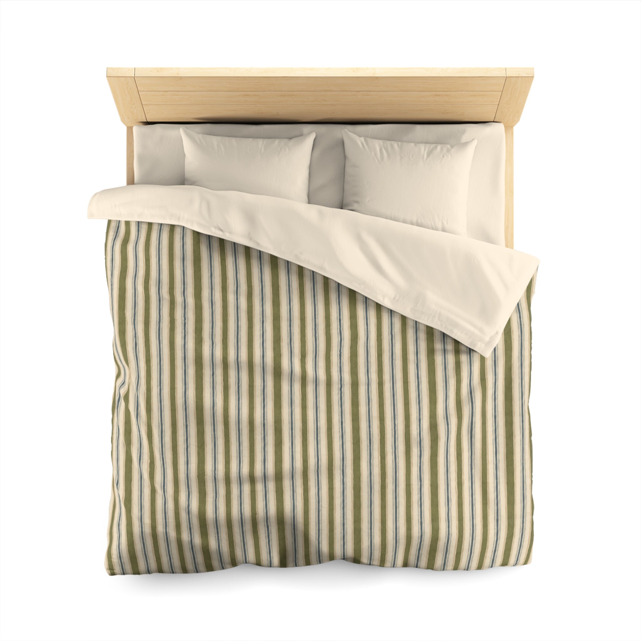 Striped Microfiber Duvet Cover — Soft Neutral Olive & Beige Vertical Stripe Bedding - Creations by Chris and Carlos
