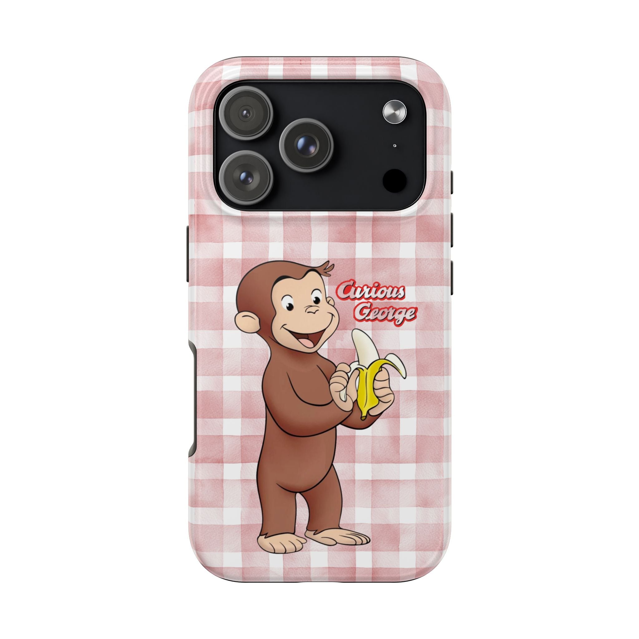 Curious George Banana Tough Phone Case — Cute Kids iPhone Cover, Pink Gingham Protective Case - Creations by Chris and Carlos
