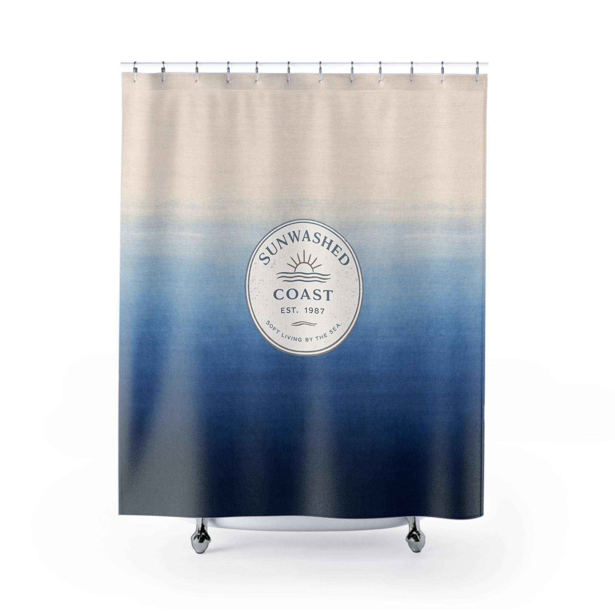 Coastal Sunwashed Shower Curtain — Ombre Blue Beach Vibe, 'Sunwashed Coast' Seal - Creations by Chris and Carlos