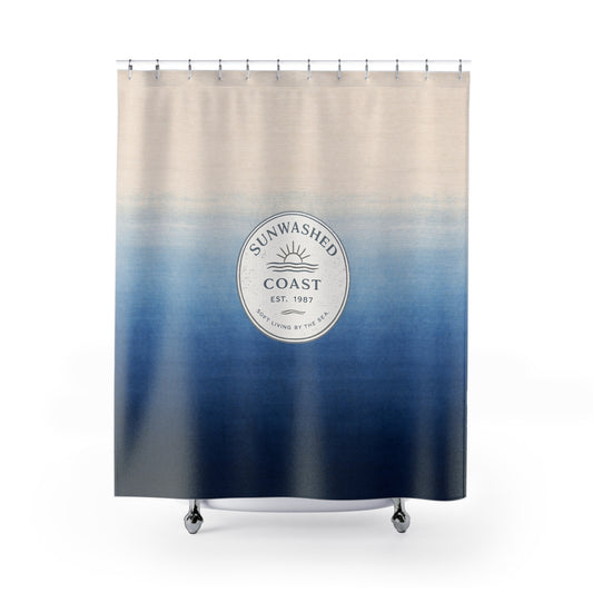 Coastal Sunwashed Shower Curtain — Ombre Blue Beach Vibe, 'Sunwashed Coast' Seal - Creations by Chris and Carlos