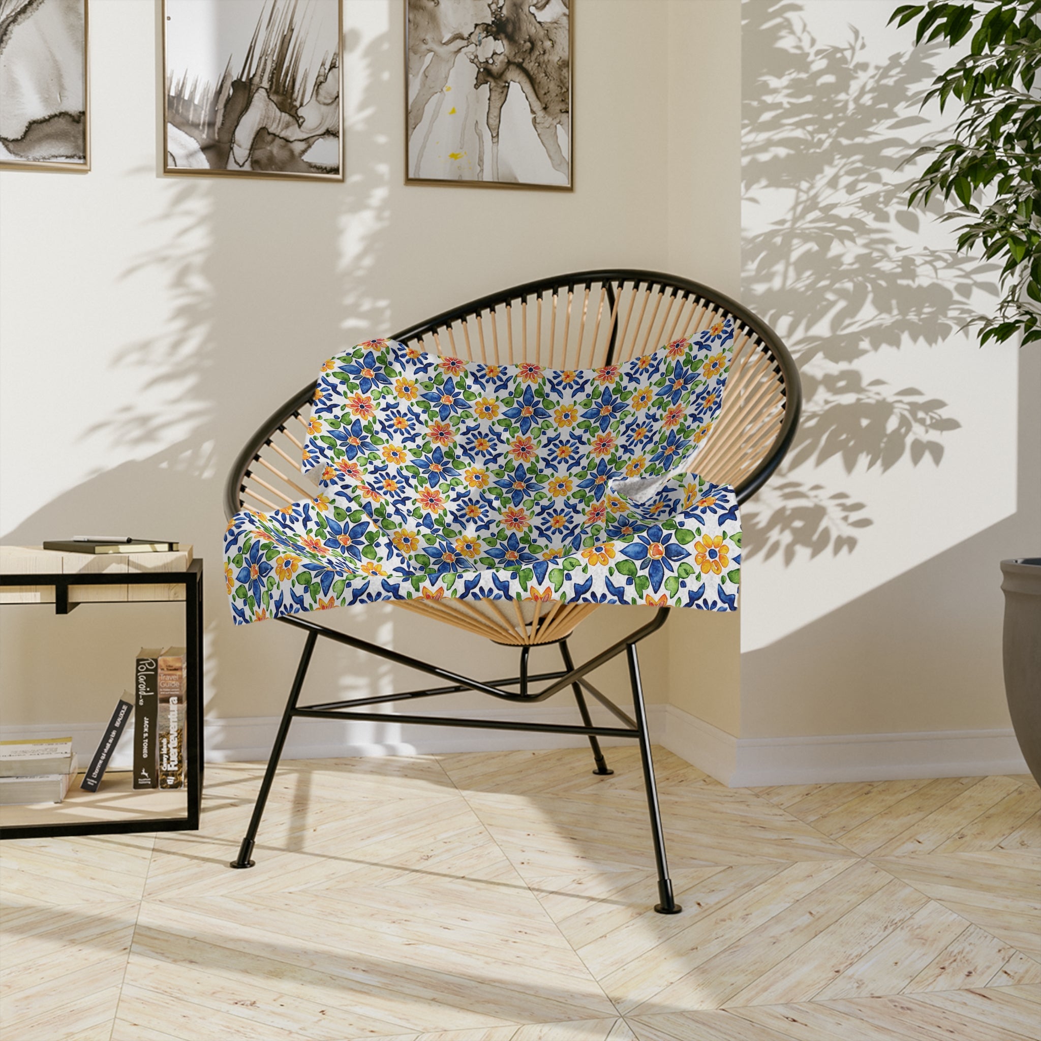 Sol y Alegría (Sun and Joy) Collection- Floral Mosaic Velveteen Blanket Blue & Yellow Microfiber Throw - Creations by Chris and Carlos