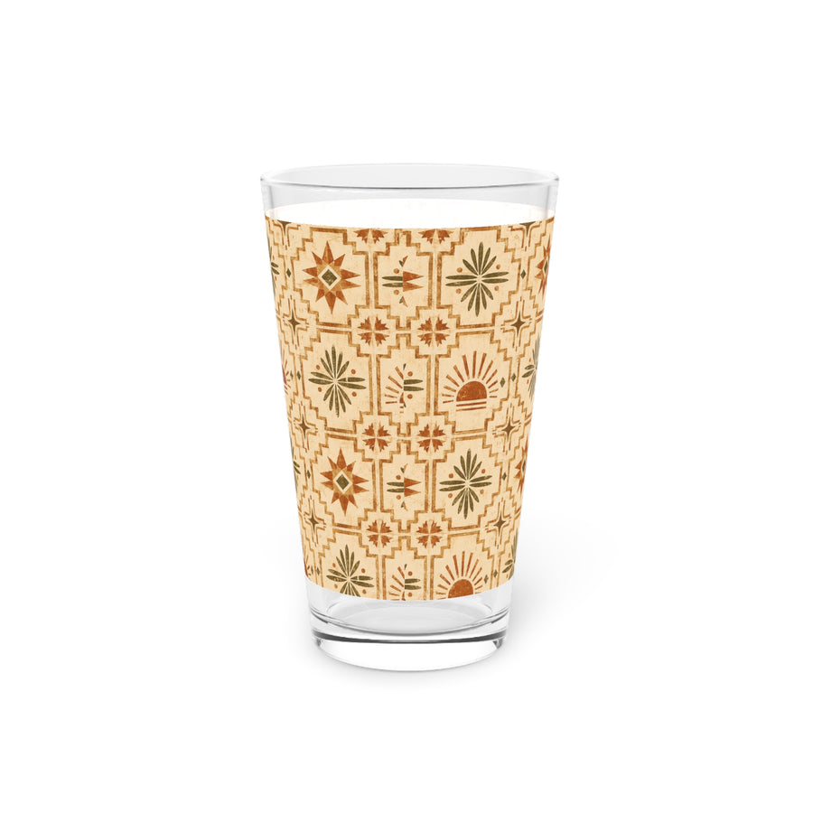 Pint Glass — Southwestern Geometric 16oz Beer Glass (Desert Sun Tile Pattern) - Creations by Chris and Carlos